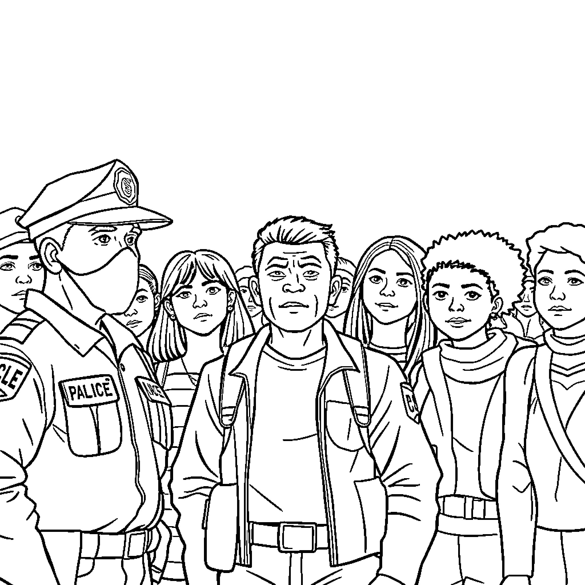 ICE Enforcement Officials Interacting with Civilians Coloring Page (free black-and-white line drawing printable PDF for all, from beginners to advanced learners, including children, teens, adults, and seniors)