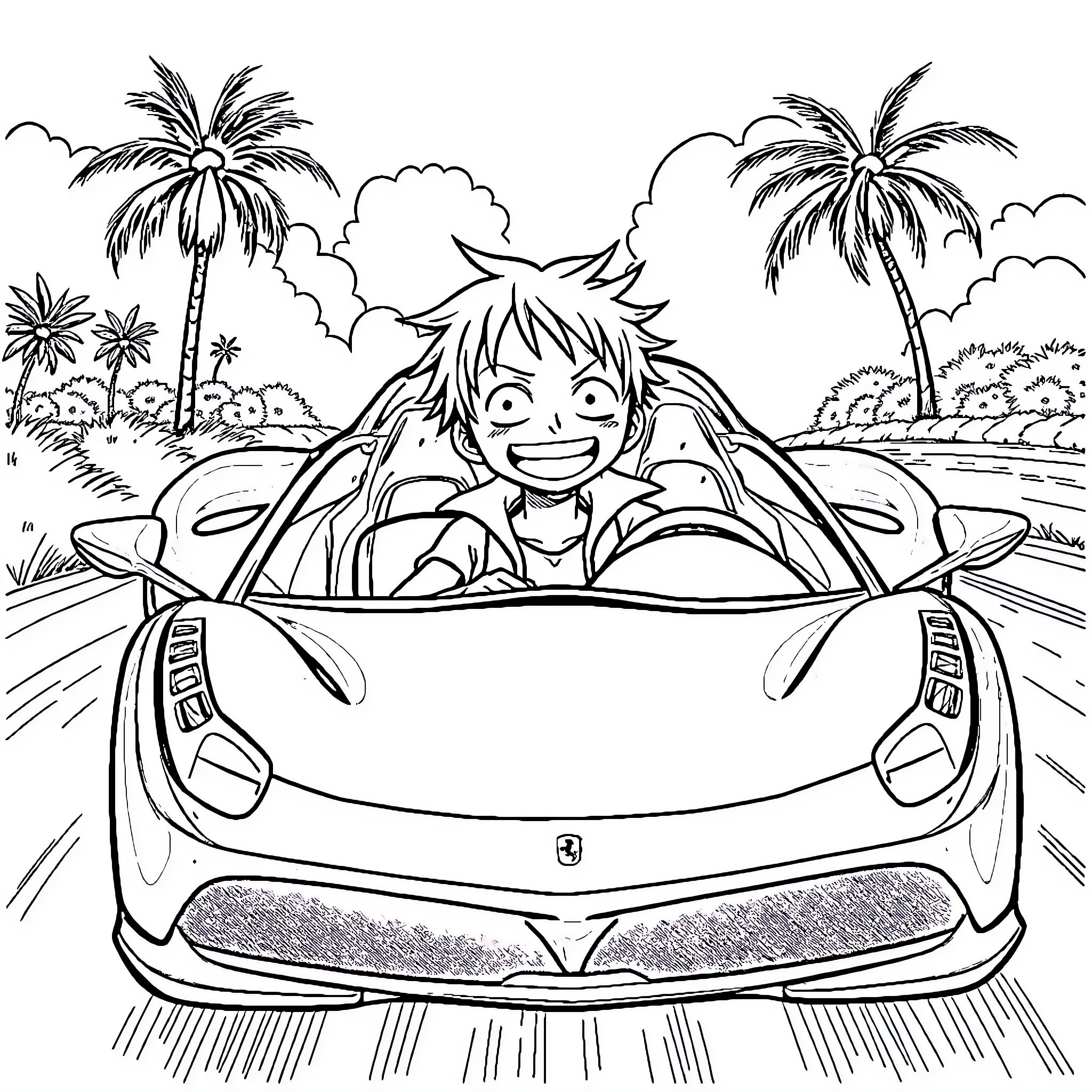 Luffy driving a sports car on a tropical beach Coloring Page (free black-and-white line drawing printable PDF for all, from beginners to advanced learners, including children, teens, adults, and seniors)