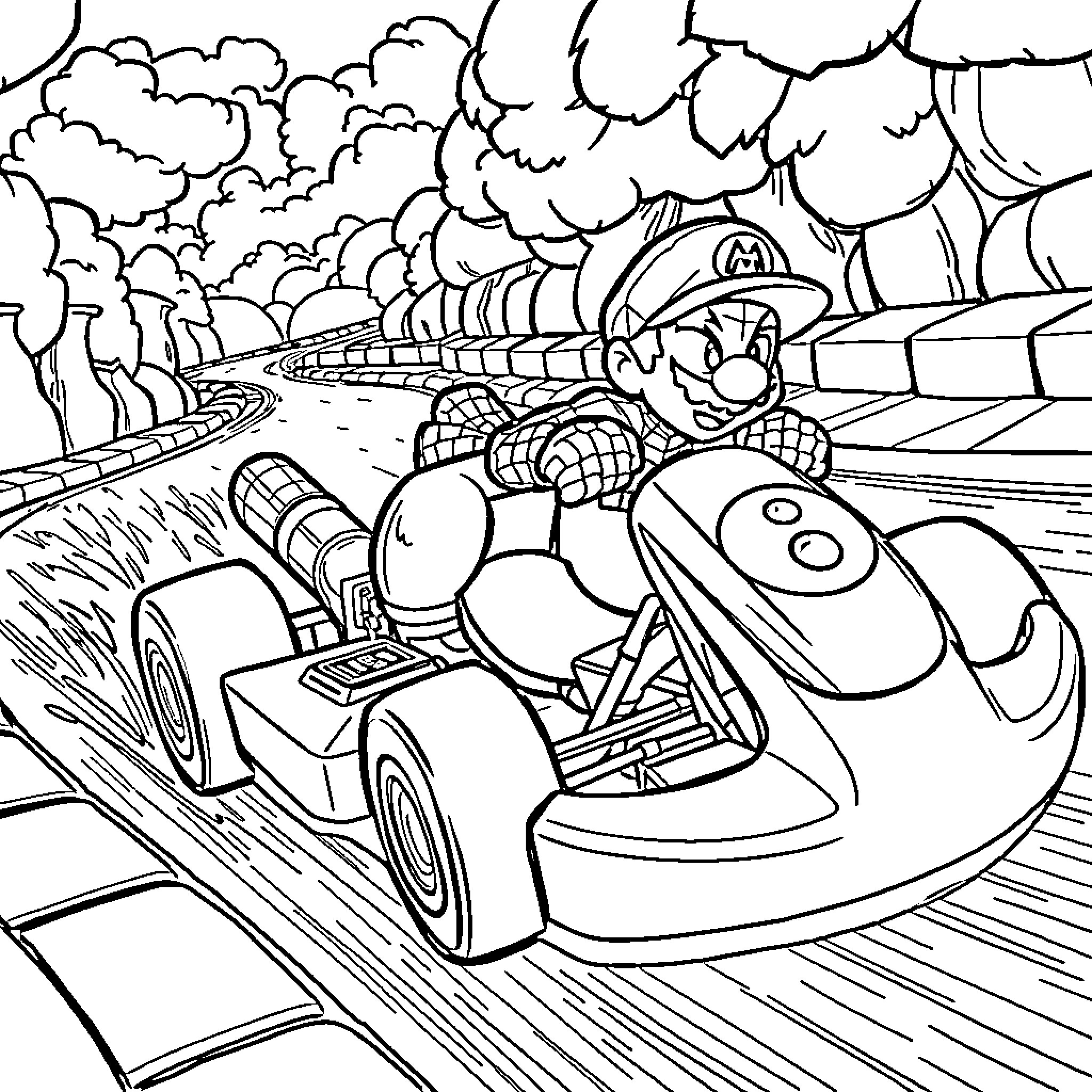 Spiderman speeding through a winding racetrack Coloring Page (free black-and-white line drawing printable PDF for all, from beginners to advanced learners, including children, teens, adults, and seniors)