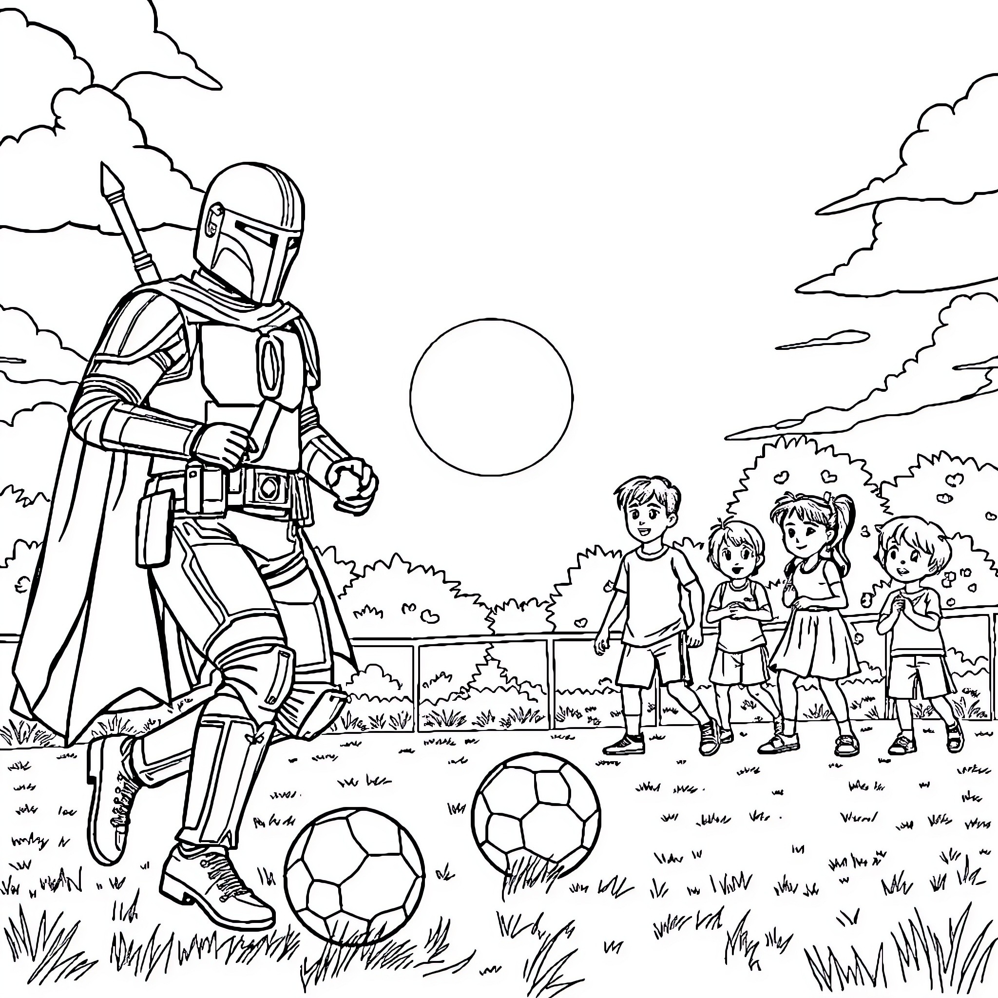 Mandalorian Protector Watches Over Children at Play Coloring Page (free black-and-white line drawing printable PDF for all, from beginners to advanced learners, including children, teens, adults, and seniors)