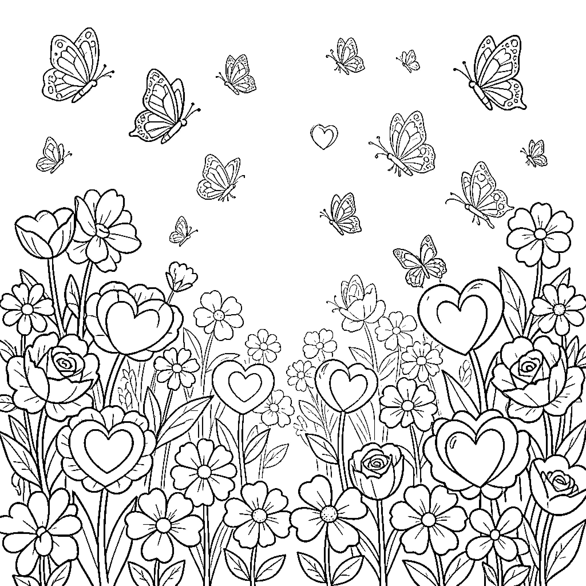 Munie butterflies flying above a garden of flowers Coloring Page (free black-and-white line drawing printable PDF for all, from beginners to advanced learners, including children, teens, adults, and seniors)