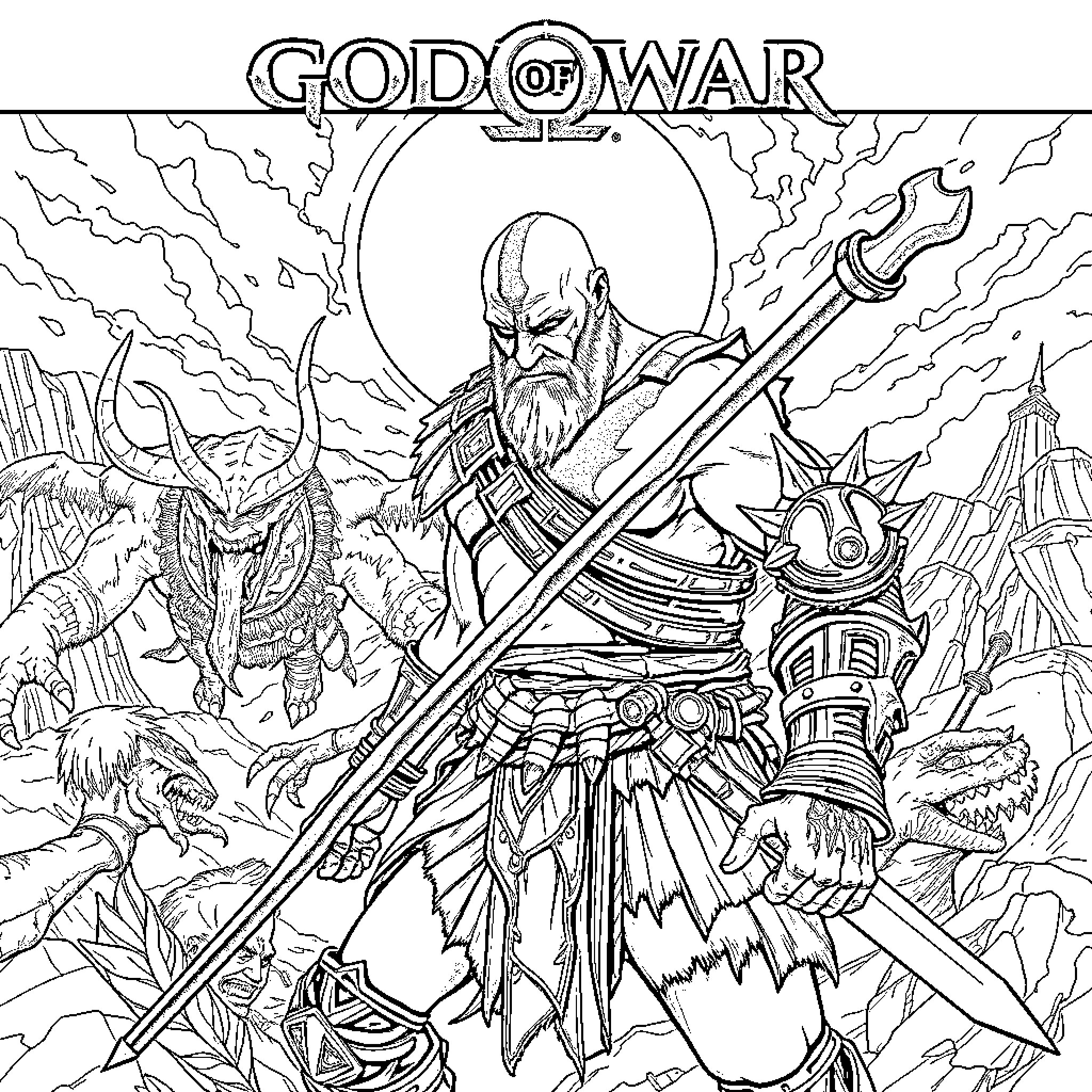 God of War: Warrior's Might and Mythical Landscapes Coloring Page (free black-and-white line drawing printable PDF for all, from beginners to advanced learners, including children, teens, adults, and seniors)