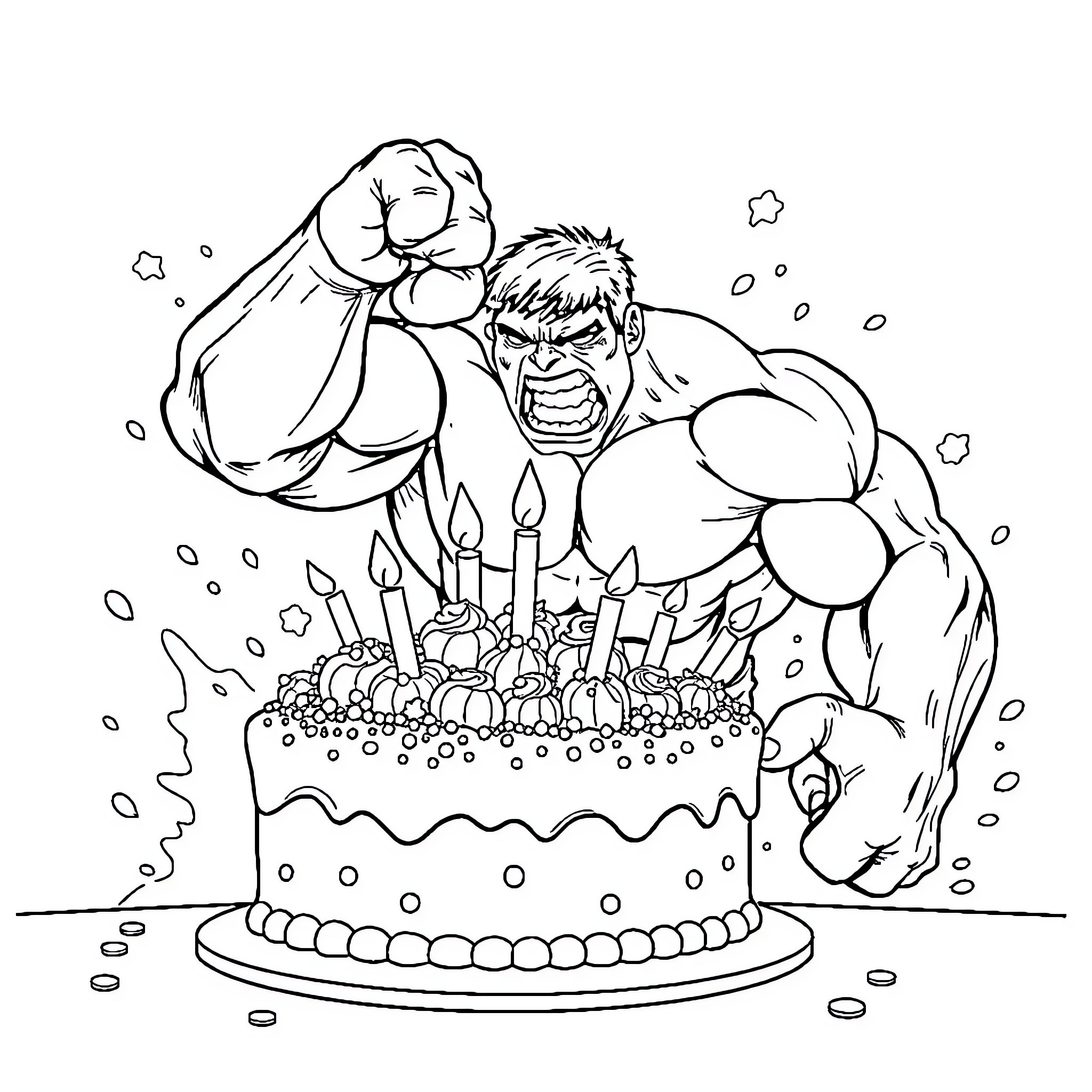 Hulk Smashing Celebratory Birthday Cake Coloring Page (free black-and-white line drawing printable PDF for all, from beginners to advanced learners, including children, teens, adults, and seniors)