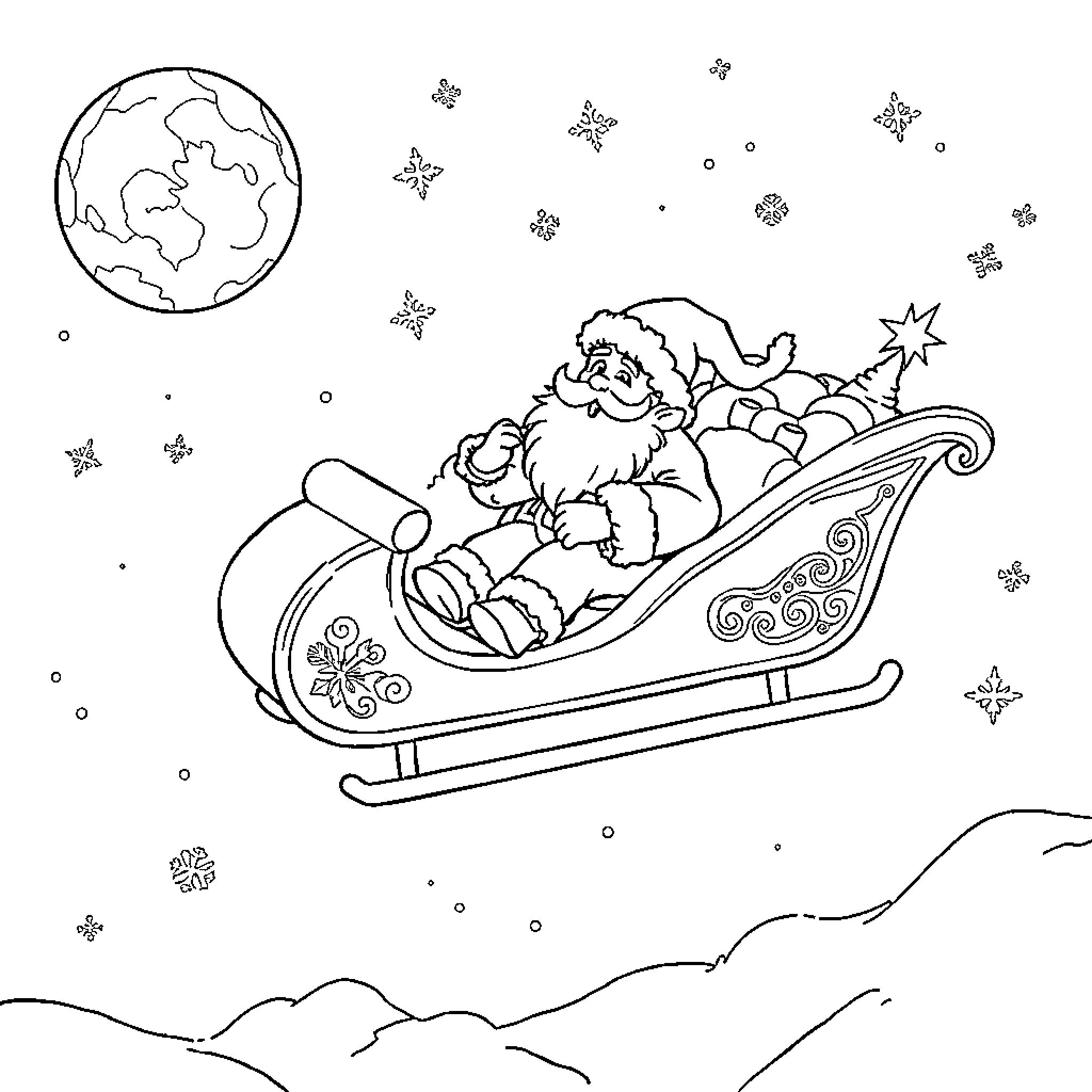 Santa Claus riding sleigh through snowy night sky Coloring Page (free black-and-white line drawing printable PDF for all, from beginners to advanced learners, including children, teens, adults, and seniors)