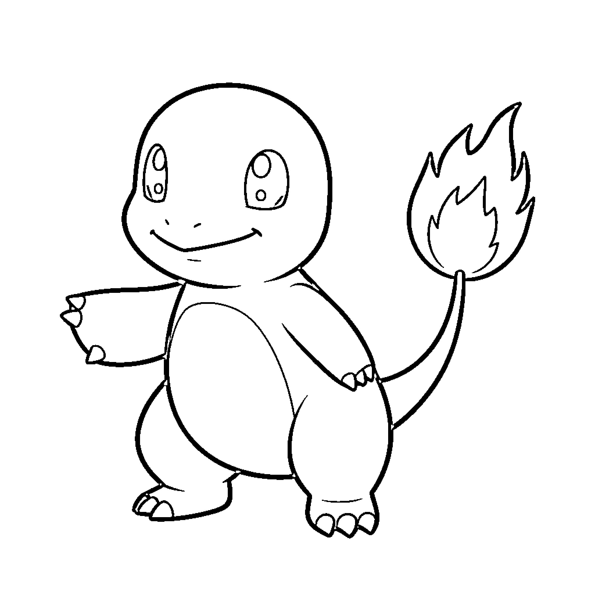 Charmander happily holding a flame Coloring Page (free black-and-white line drawing printable PDF for all, from beginners to advanced learners, including children, teens, adults, and seniors)
