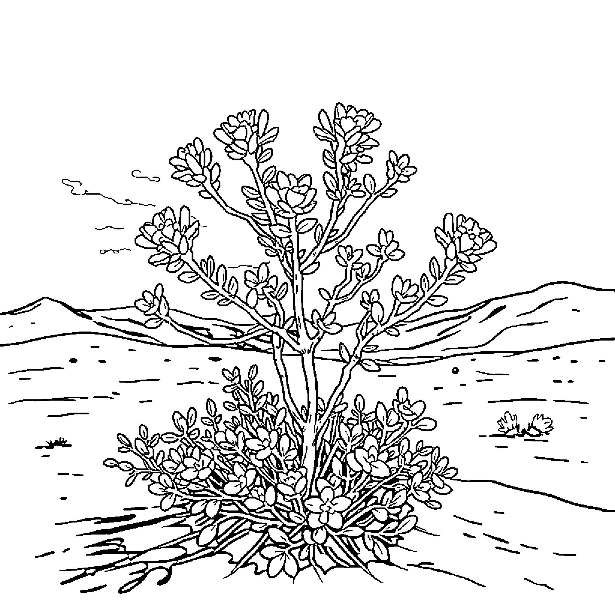 Creosote Bush Thriving in Desert Landscape Coloring Page (free black-and-white line drawing printable PDF for all, from beginners to advanced learners, including children, teens, adults, and seniors)