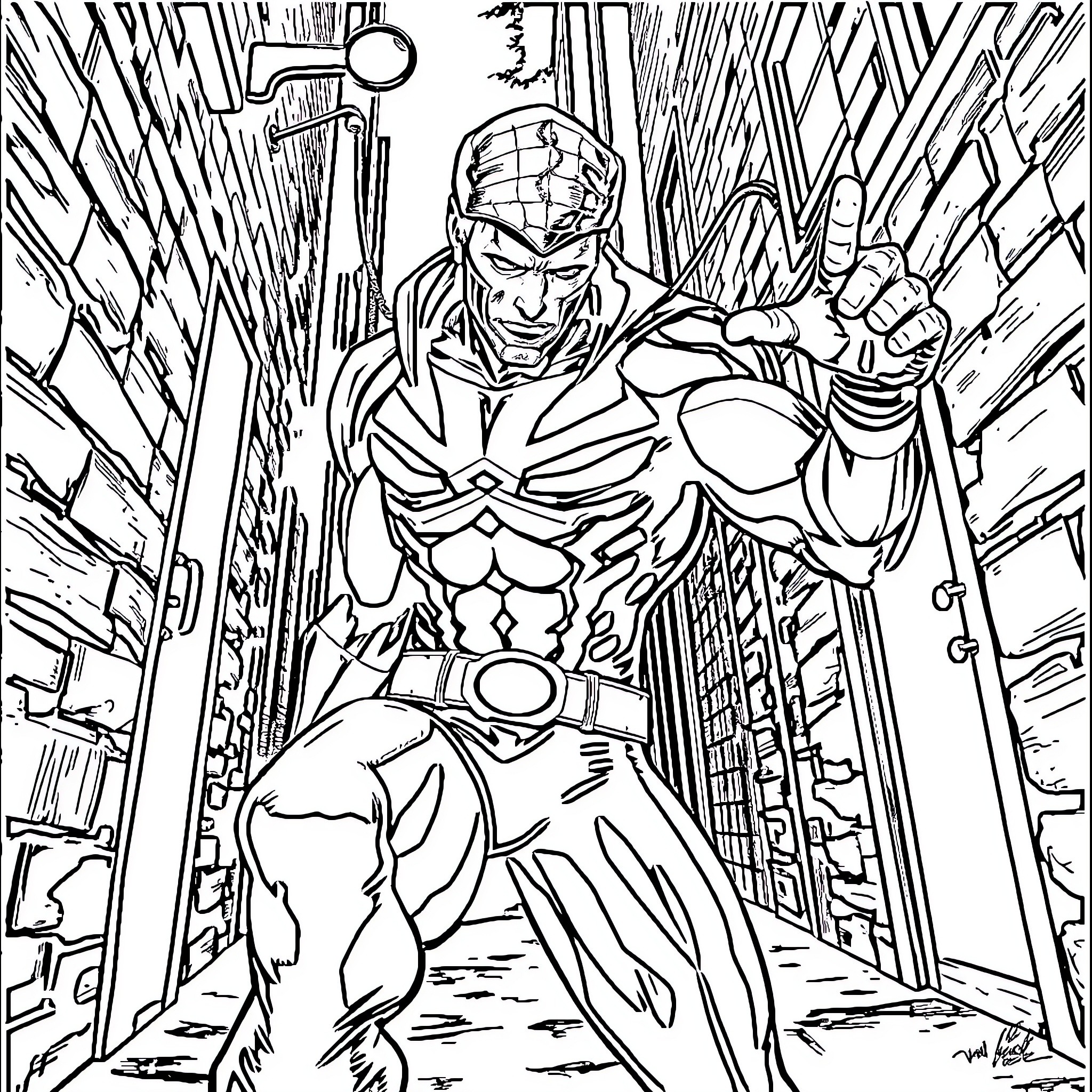 Nightcrawler leaping through a dark alley Coloring Page (free black-and-white line drawing printable PDF for all, from beginners to advanced learners, including children, teens, adults, and seniors)