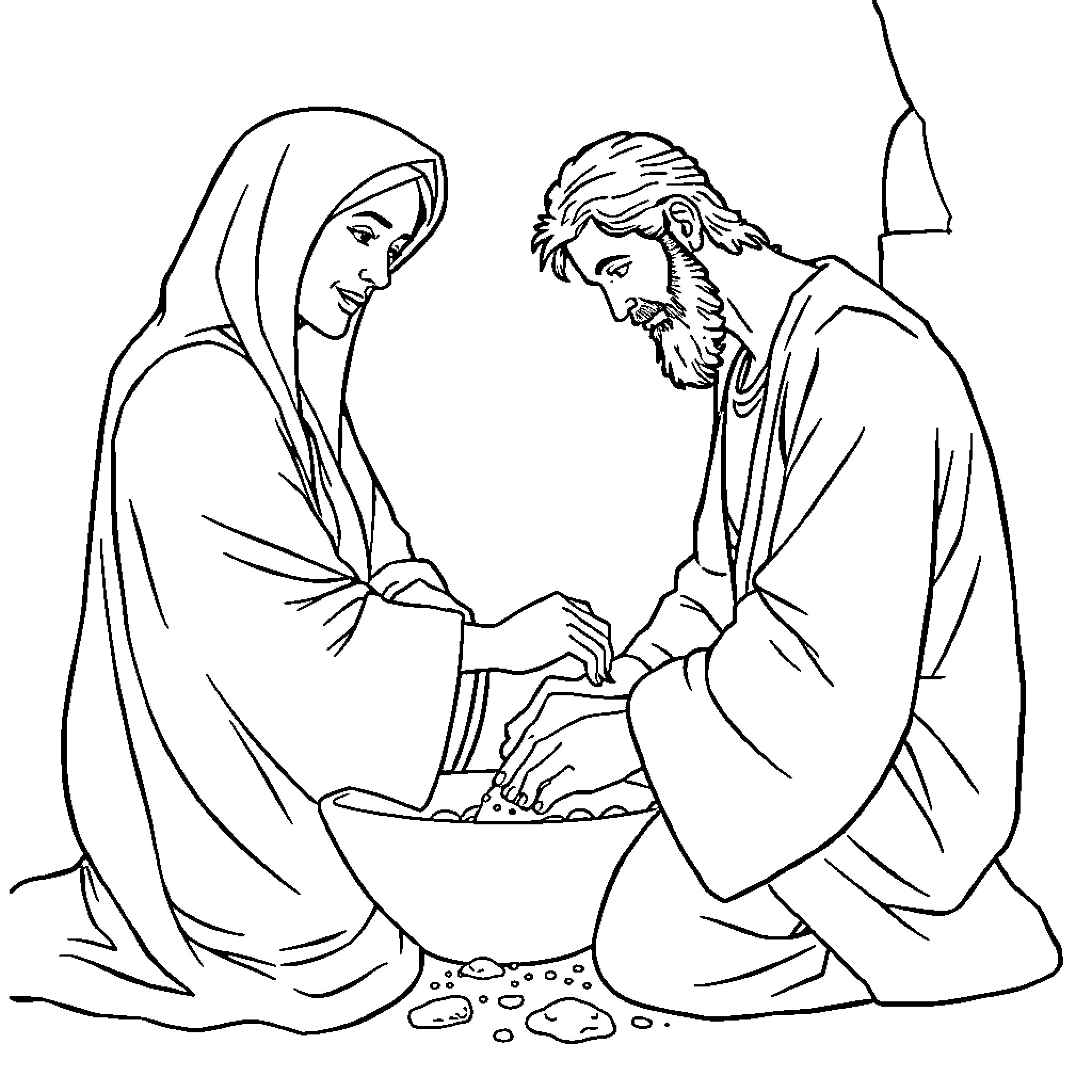 Mary comforting the elderly man in prayer Coloring Page (free black-and-white line drawing printable PDF for all, from beginners to advanced learners, including children, teens, adults, and seniors)