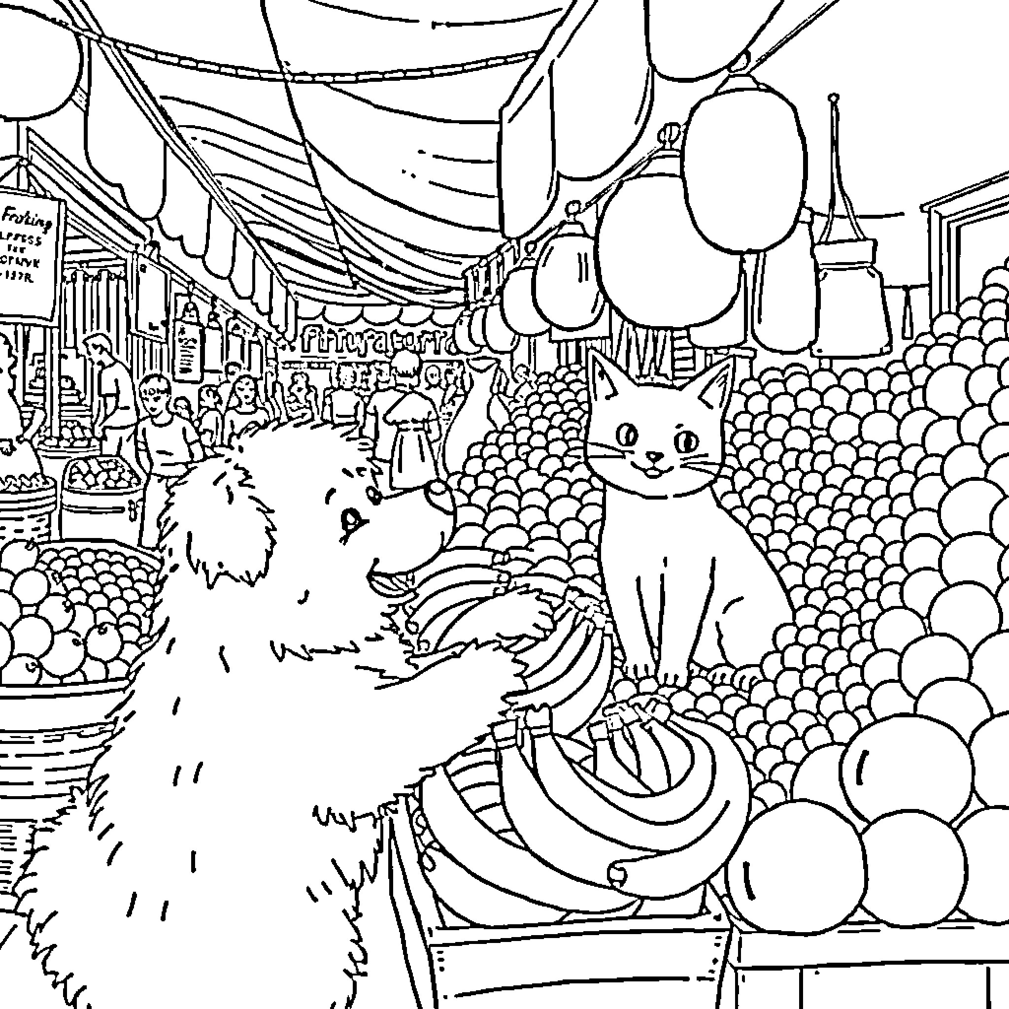 Dog and Cat Exploring a Vibrant Market Scene Coloring Page (free black-and-white line drawing printable PDF for all, from beginners to advanced learners, including children, teens, adults, and seniors)