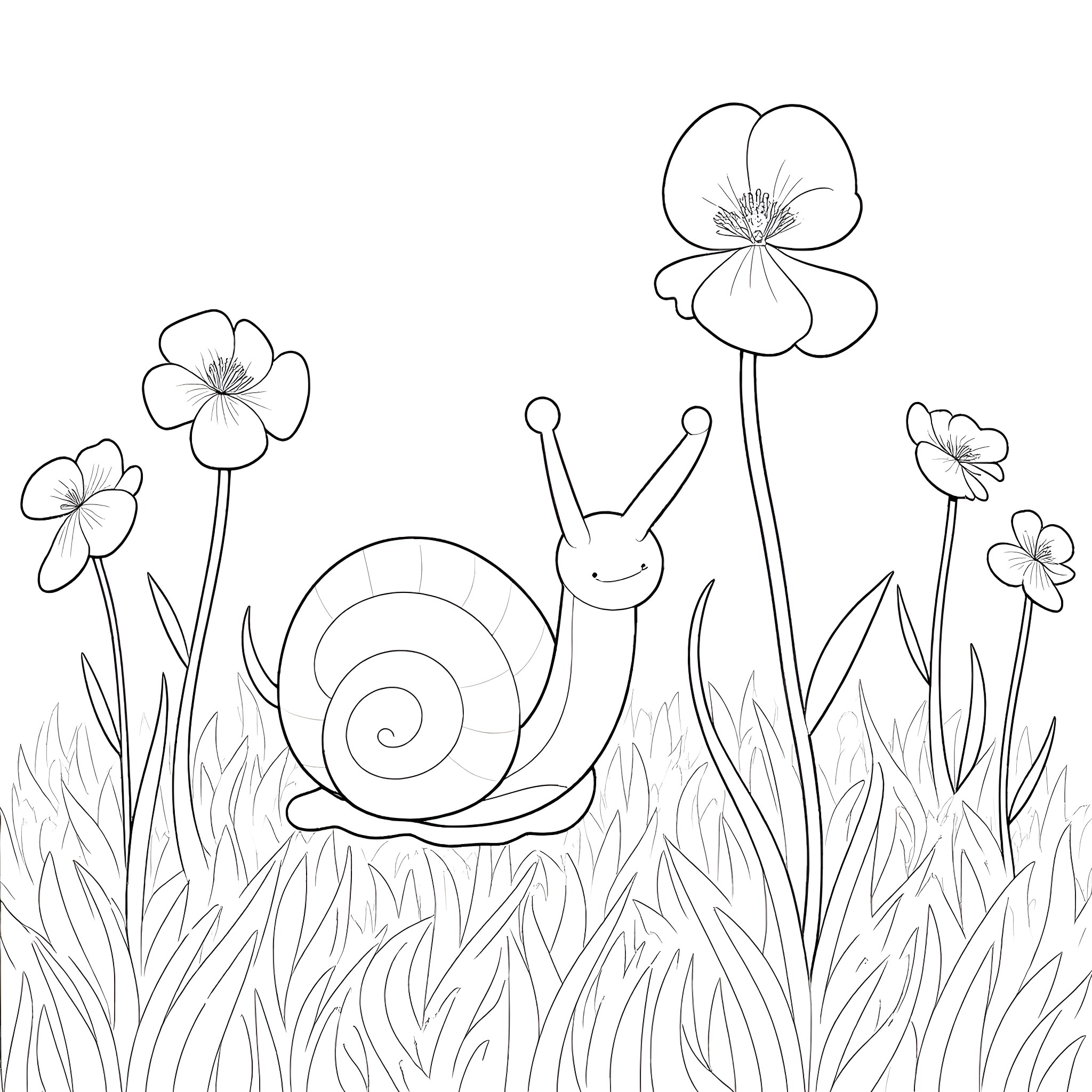 Snail exploring flowers in the garden Coloring Page (free black-and-white line drawing printable PDF for all, from beginners to advanced learners, including children, teens, adults, and seniors)