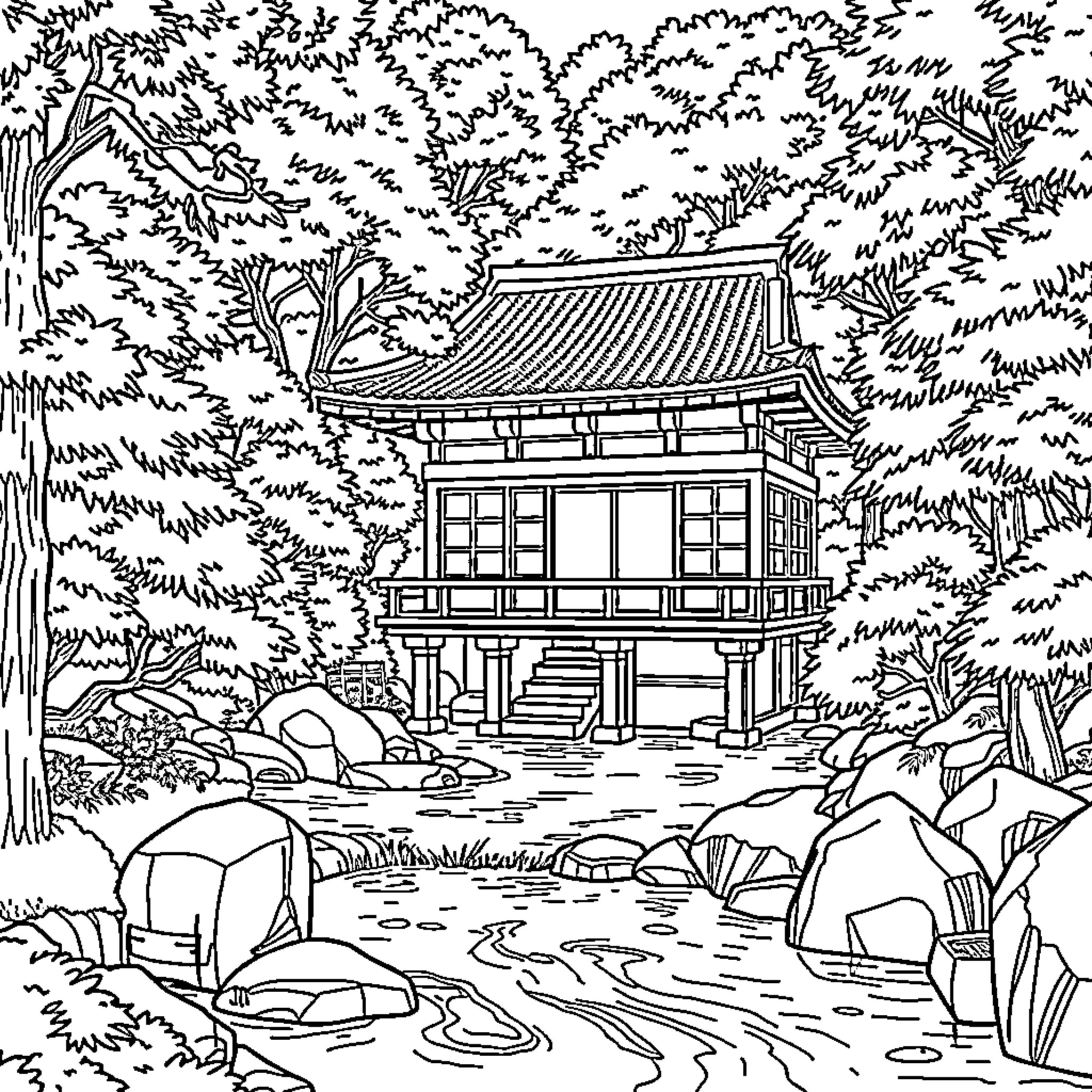 Bath House in Lush Forest Landscape Coloring Page (free black-and-white line drawing printable PDF for all, from beginners to advanced learners, including children, teens, adults, and seniors)