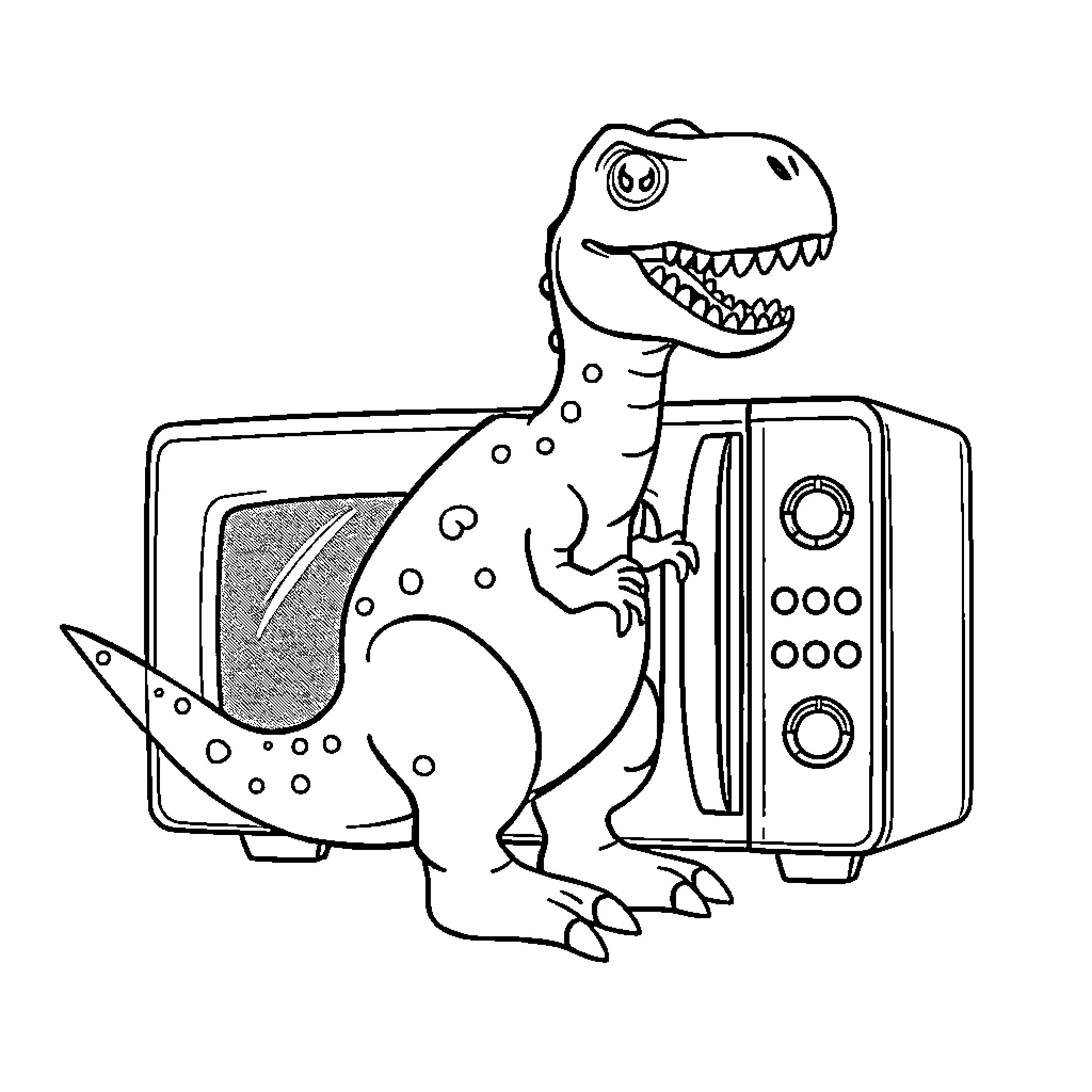 T-Rex using a microwave oven Coloring Page (free black-and-white line drawing printable PDF for all, from beginners to advanced learners, including children, teens, adults, and seniors)