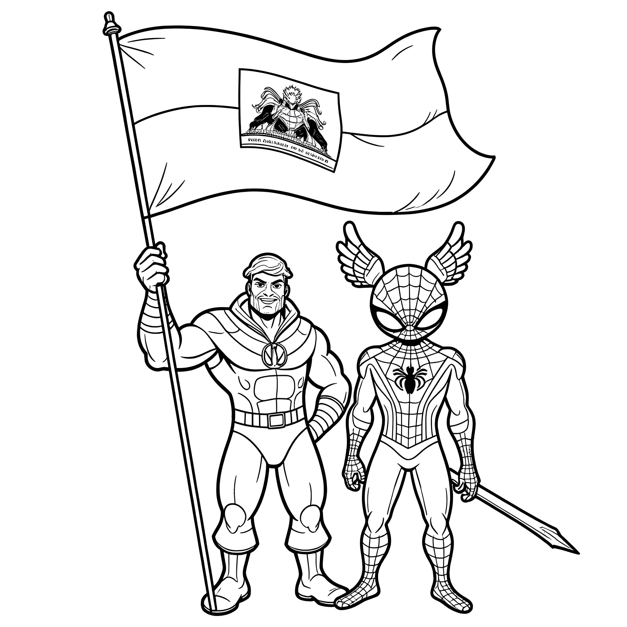 Beast heroes wielding flags and weapons Coloring Page (free black-and-white line drawing printable PDF for all, from beginners to advanced learners, including children, teens, adults, and seniors)