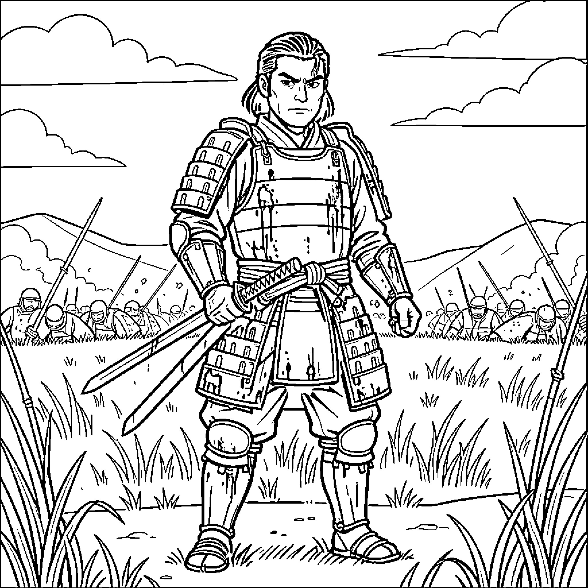 Samurai standing firmly in traditional armor on a battlefield Coloring Page (free black-and-white line drawing printable PDF for all, from beginners to advanced learners, including children, teens, adults, and seniors)
