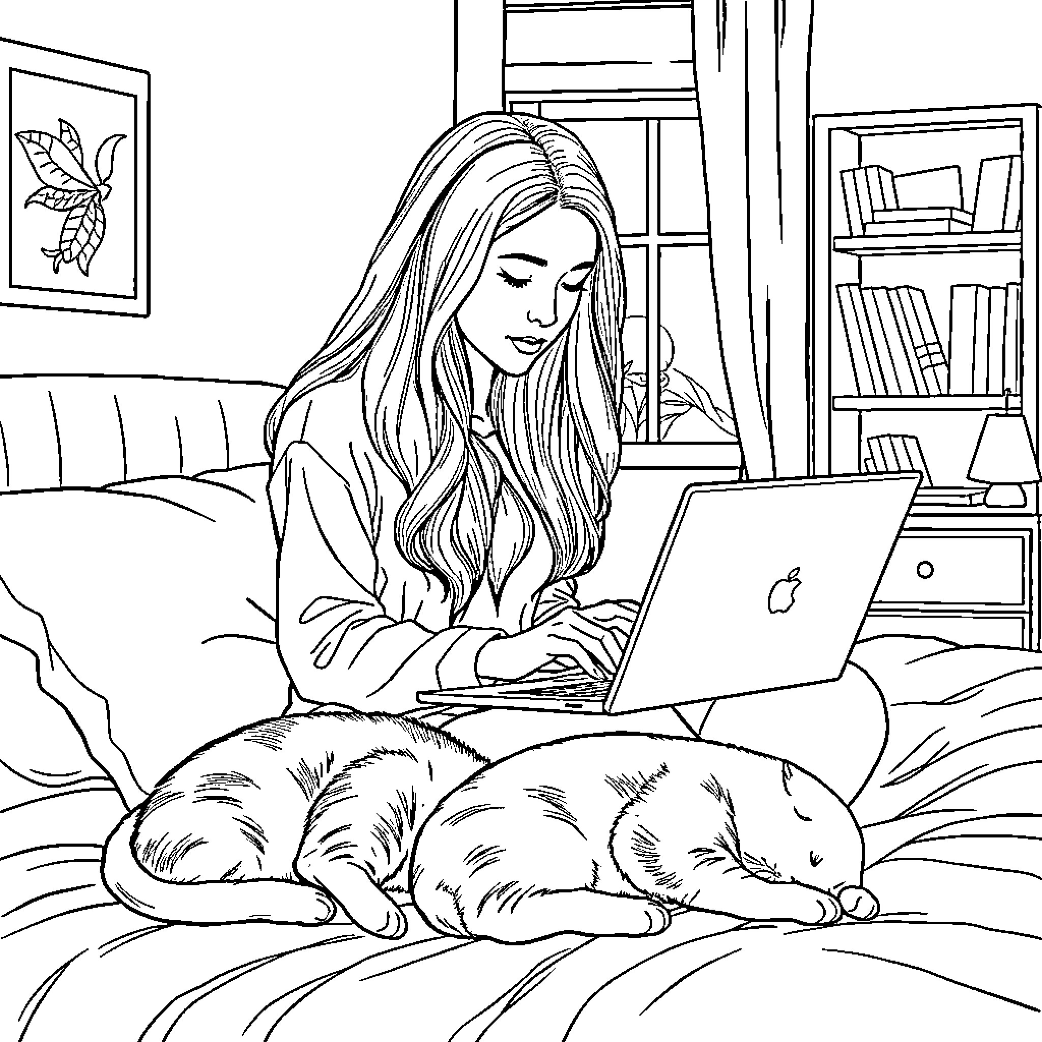 Woman working intently on laptop while pet dog sleeps nearby Coloring Page (free black-and-white line drawing printable PDF for all, from beginners to advanced learners, including children, teens, adults, and seniors)