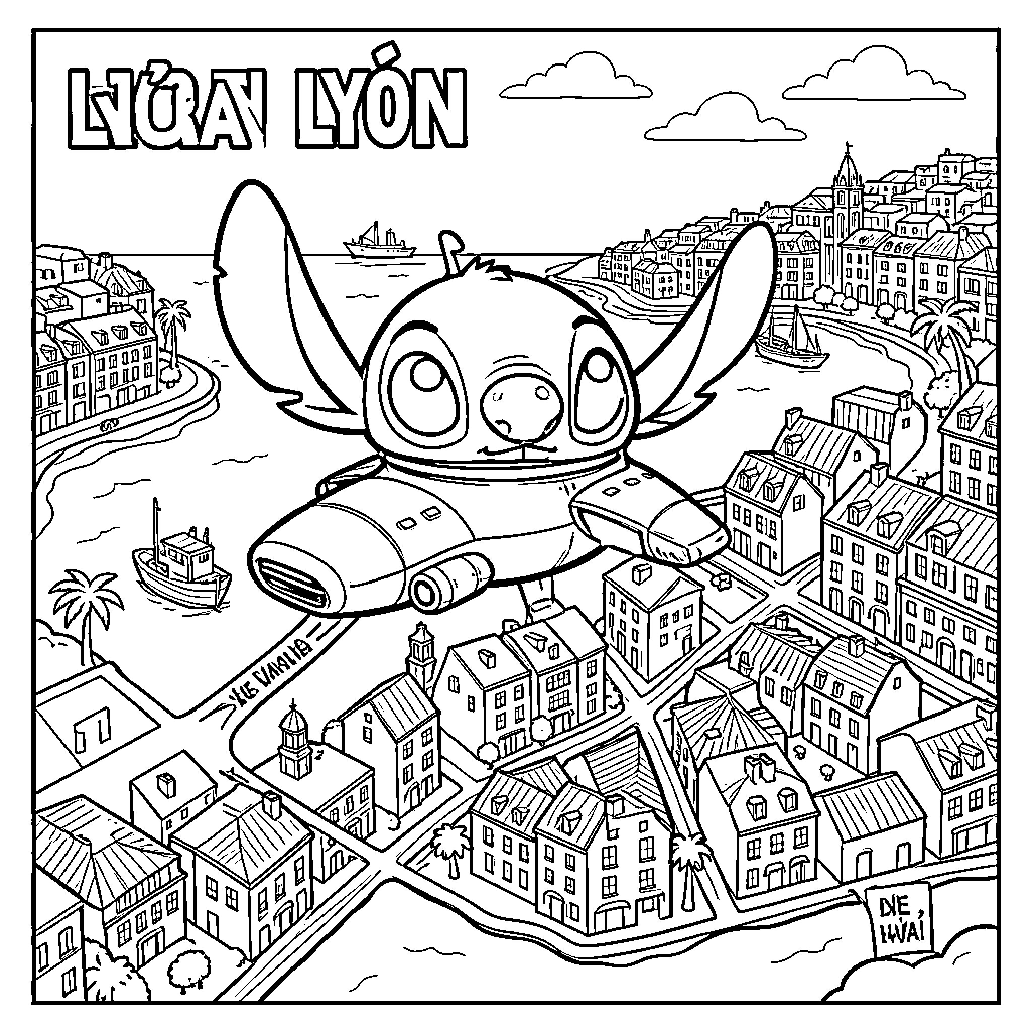 Vaisseau Spatial piloté par un personnage mignon survolant une ville Coloring Page (free black-and-white line drawing printable PDF for all, from beginners to advanced learners, including children, teens, adults, and seniors)
