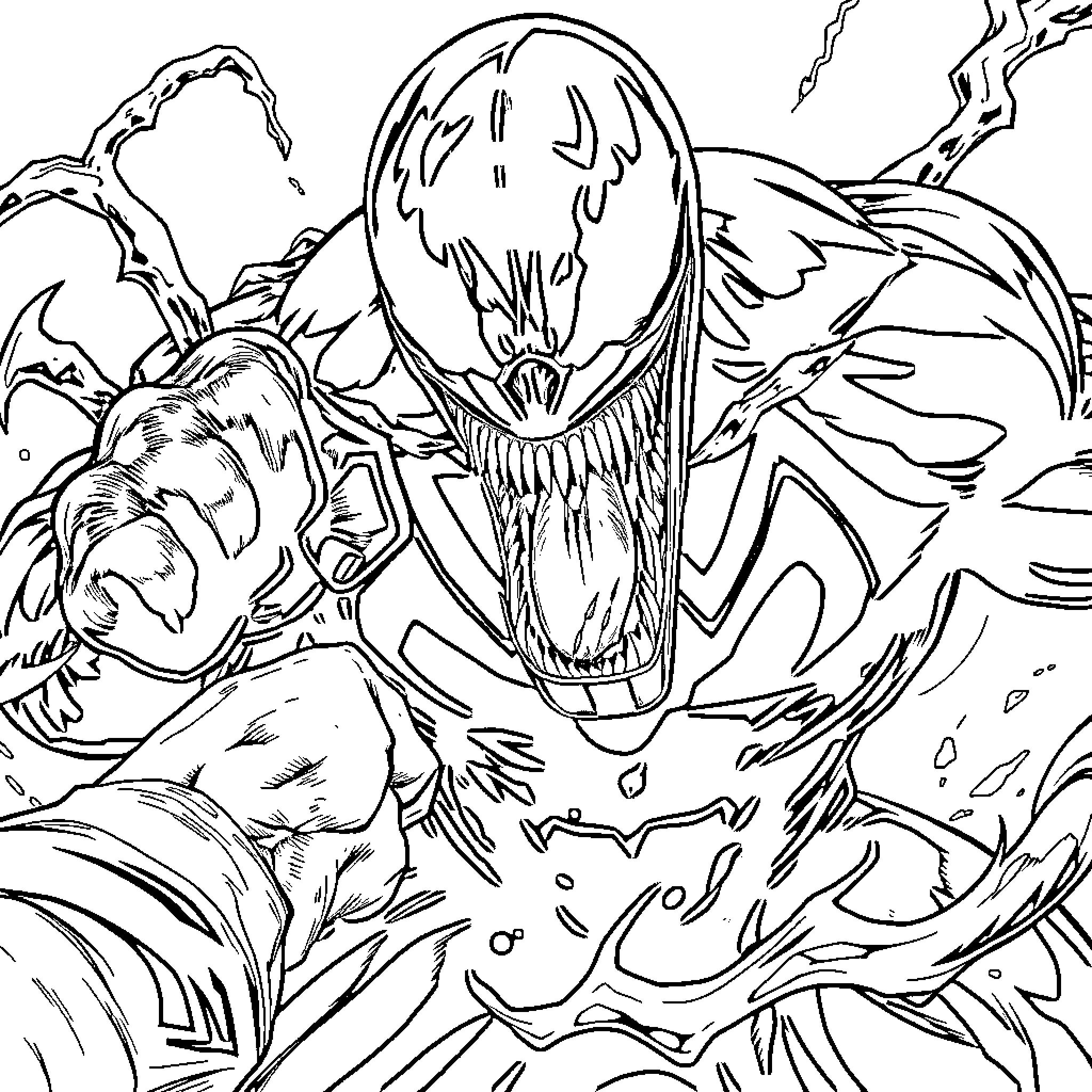 Venom's Terrifying Encounter with Prey Coloring Page (free black-and-white line drawing printable PDF for all, from beginners to advanced learners, including children, teens, adults, and seniors)