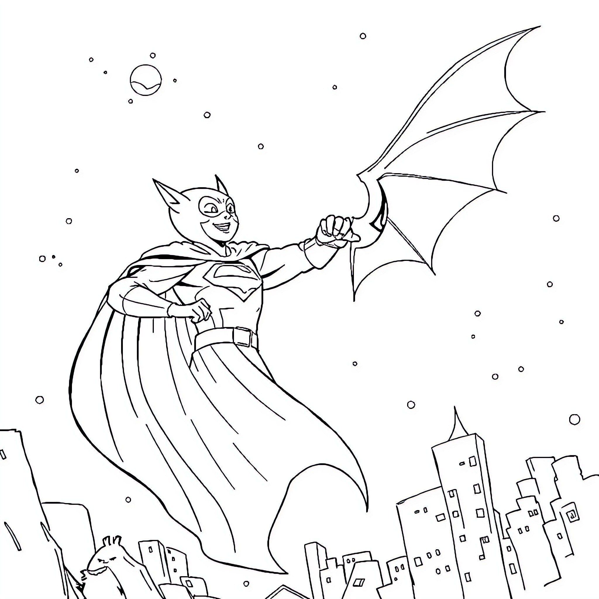 Supersonique hero soars over the city Coloring Page (free black-and-white line drawing printable PDF for all, from beginners to advanced learners, including children, teens, adults, and seniors)
