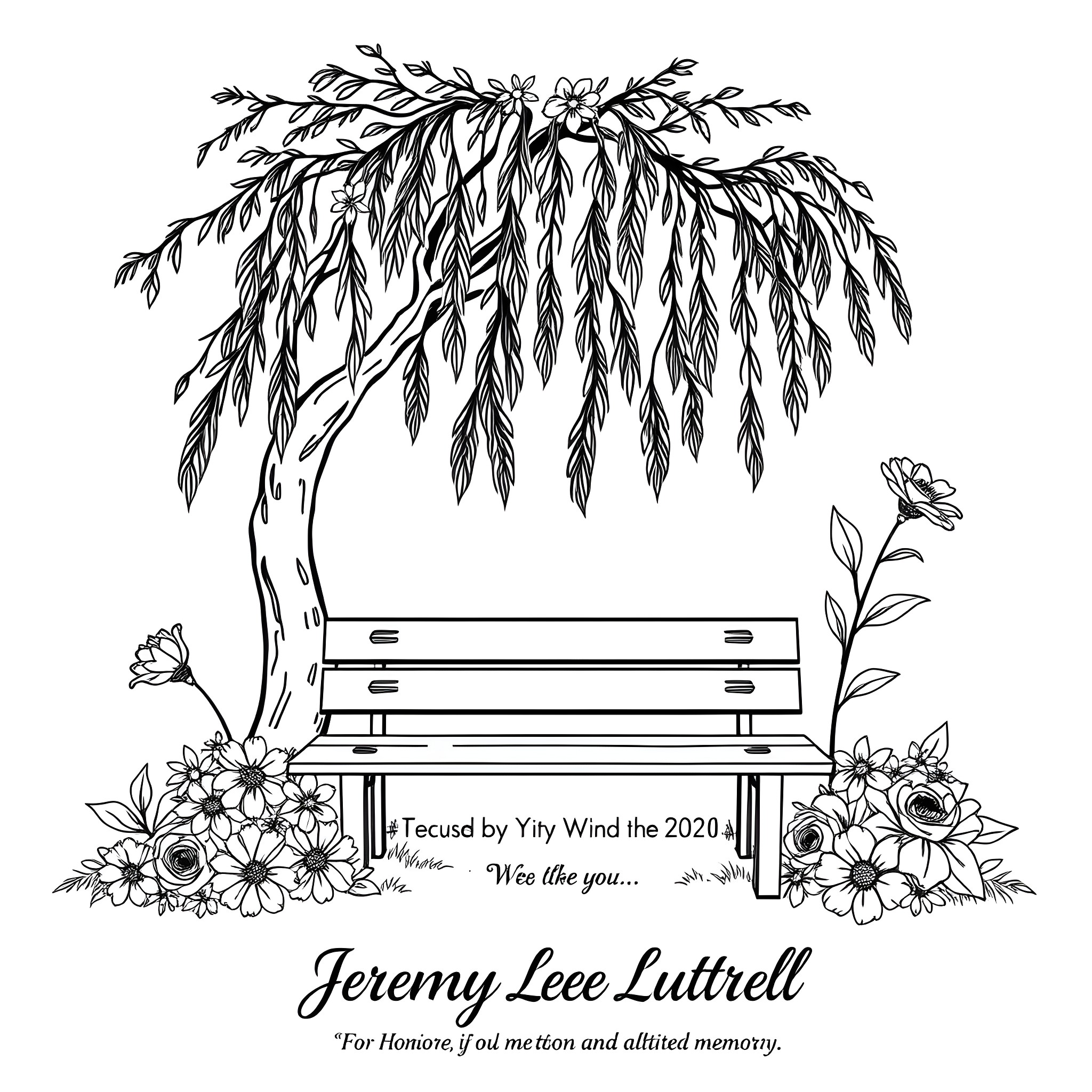 Memorial of a bench under a weeping tree with flowers Coloring Page (free black-and-white line drawing printable PDF for all, from beginners to advanced learners, including children, teens, adults, and seniors)