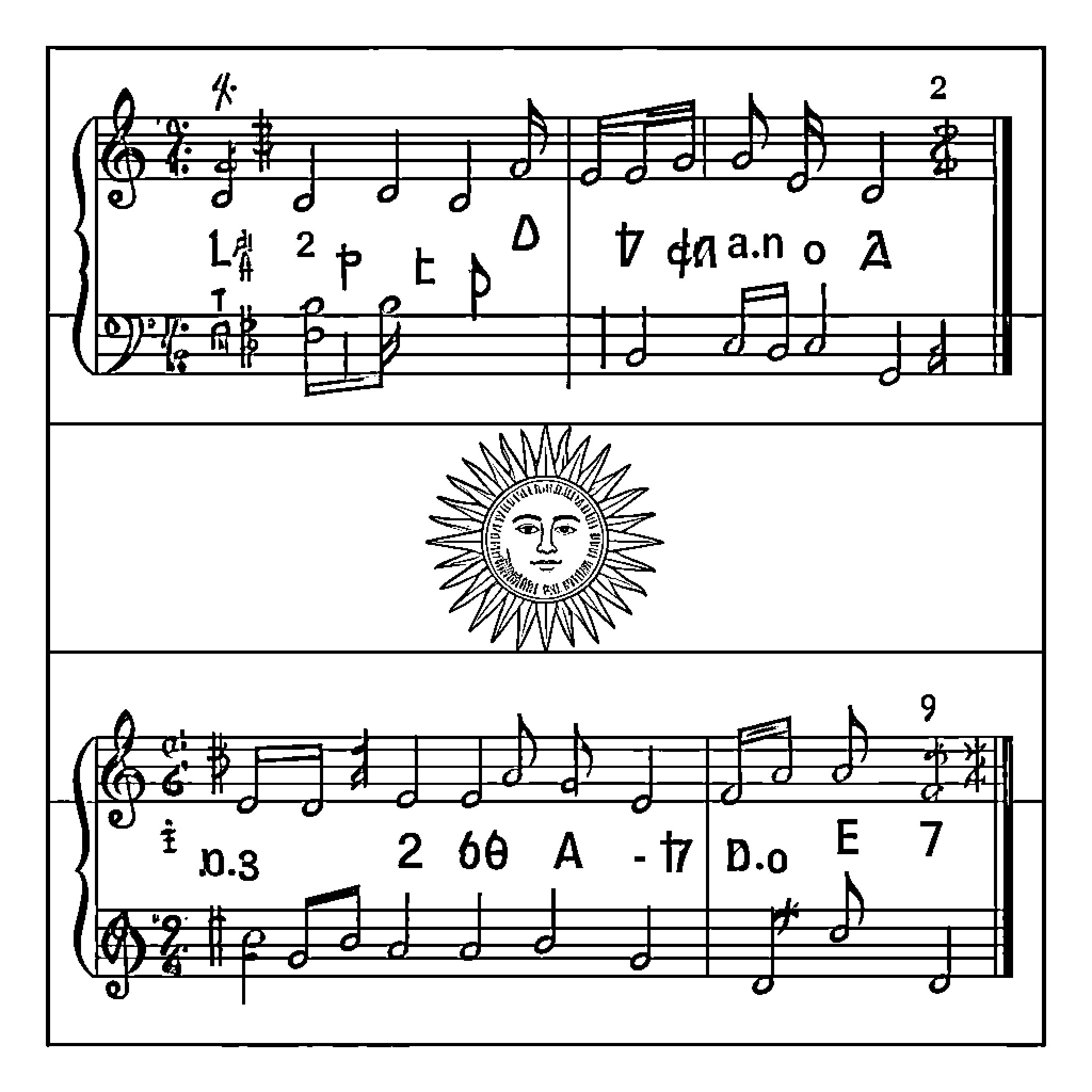 Himno Nacional Argentino - Musical Score and Emblem Coloring Page (free black-and-white line drawing printable PDF for all, from beginners to advanced learners, including children, teens, adults, and seniors)