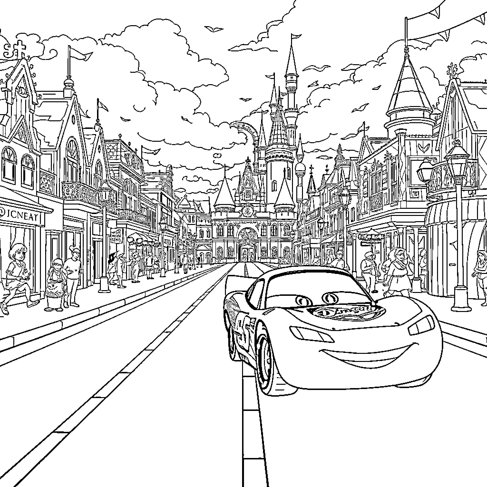 Lightning McQueen's Adventure in a Fantastical Town Coloring Page (free black-and-white line drawing printable PDF for all, from beginners to advanced learners, including children, teens, adults, and seniors)