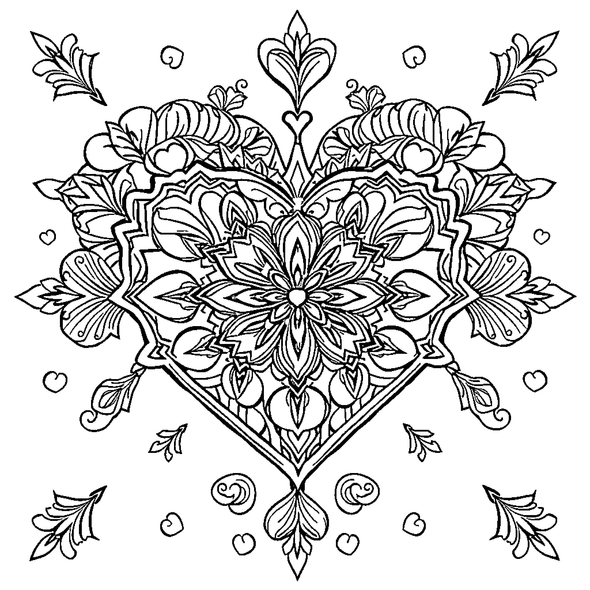 Heart Adorned with Intricate Floral Patterns Coloring Page (free black-and-white line drawing printable PDF for all, from beginners to advanced learners, including children, teens, adults, and seniors)