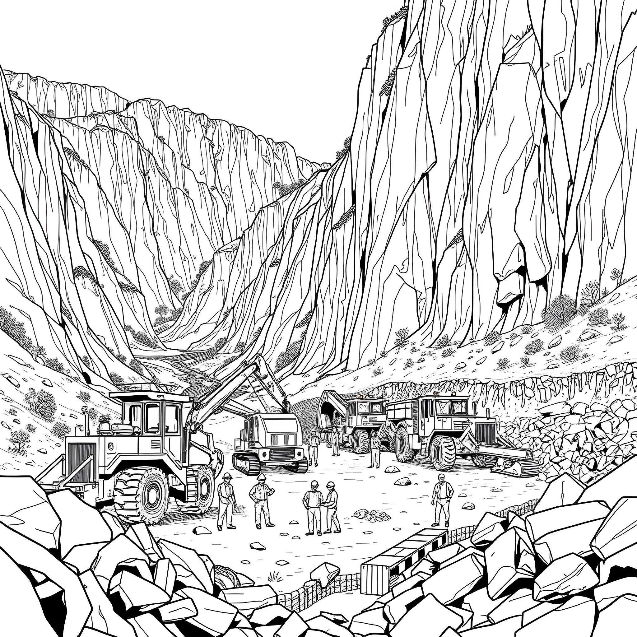 Quarry with construction machines and workers Coloring Page (free black-and-white line drawing printable PDF for all, from beginners to advanced learners, including children, teens, adults, and seniors)
