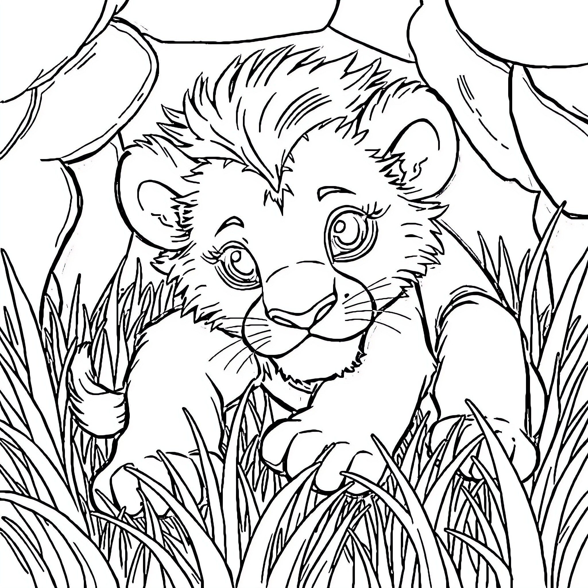Lion Cub exploring the wilderness Coloring Page (free black-and-white line drawing printable PDF for all, from beginners to advanced learners, including children, teens, adults, and seniors)