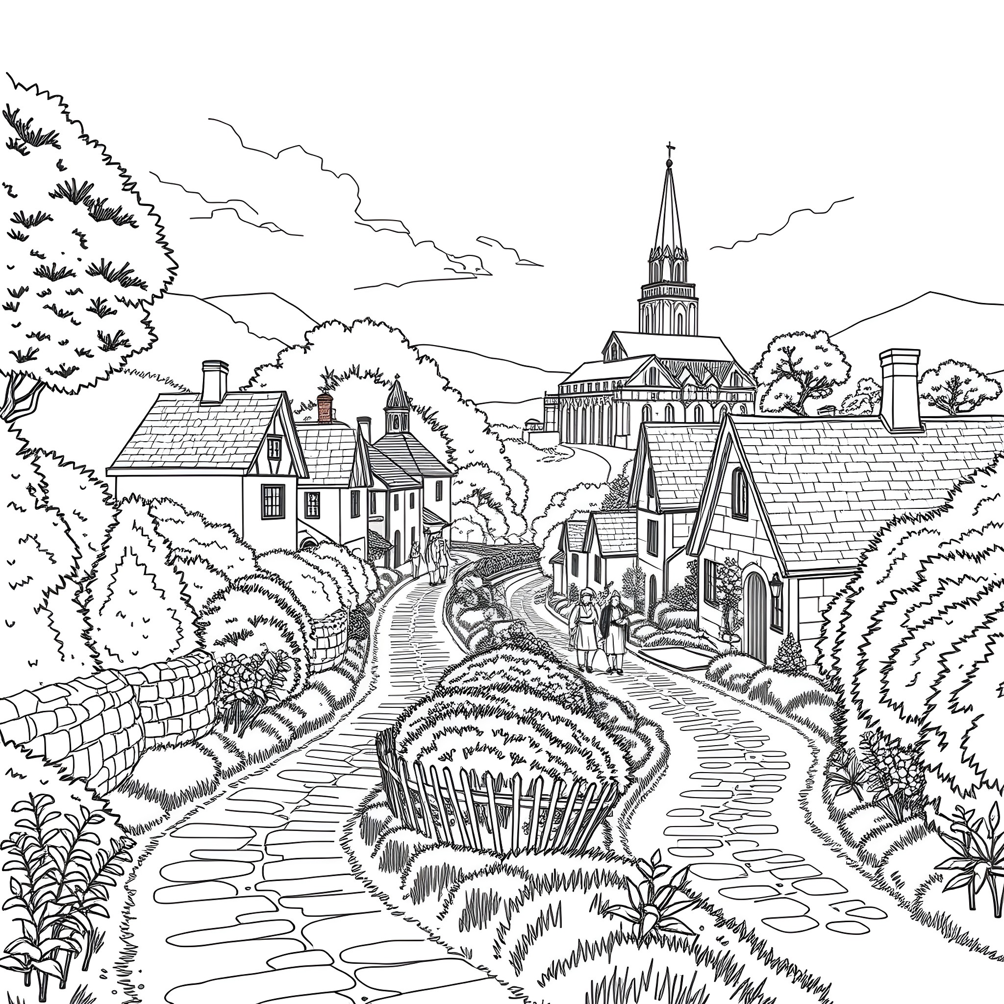 Camino Through the Quaint Village Landscape Coloring Page (free black-and-white line drawing printable PDF for all, from beginners to advanced learners, including children, teens, adults, and seniors)