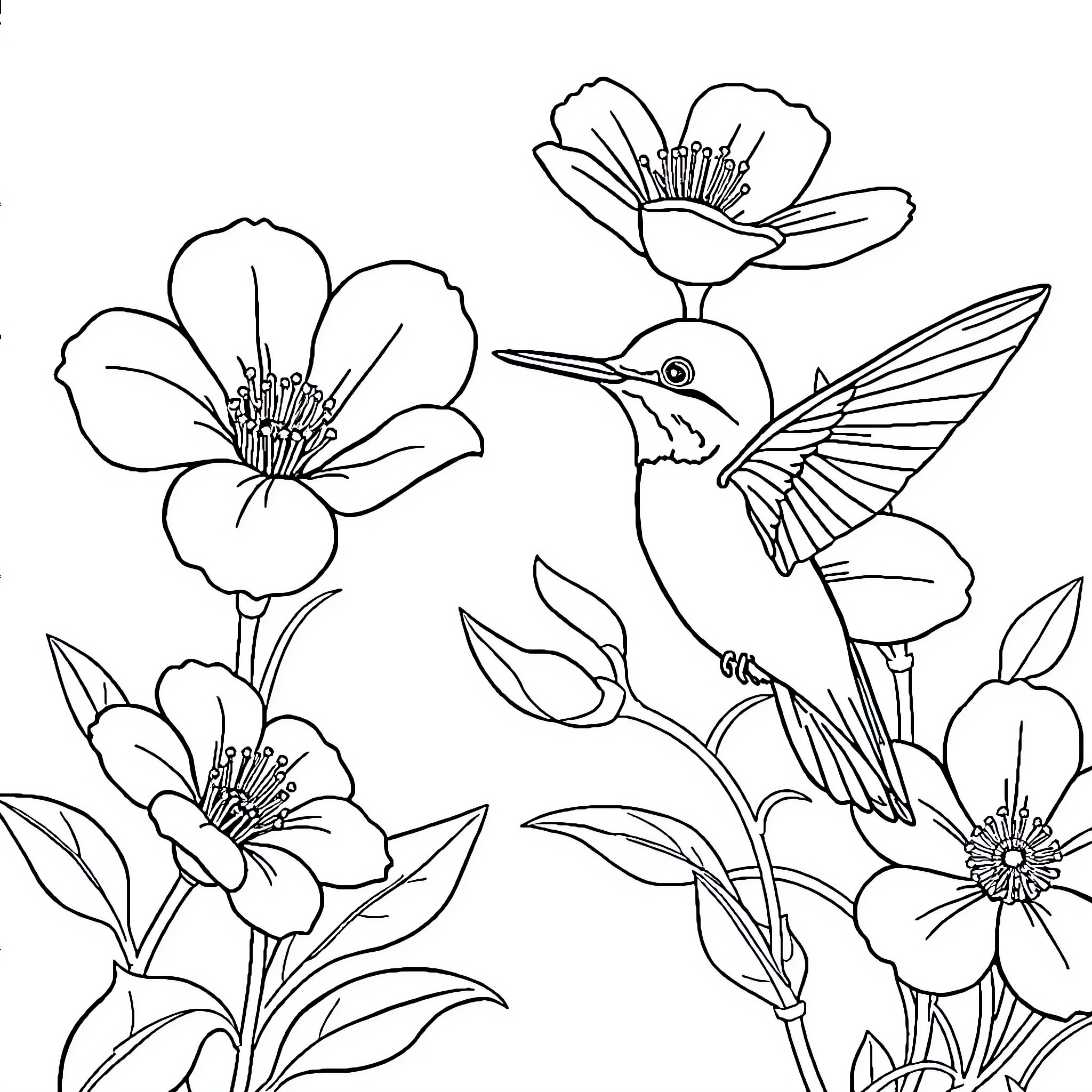 Hummingbird fluttering amidst blossoming flowers Coloring Page (free black-and-white line drawing printable PDF for all, from beginners to advanced learners, including children, teens, adults, and seniors)