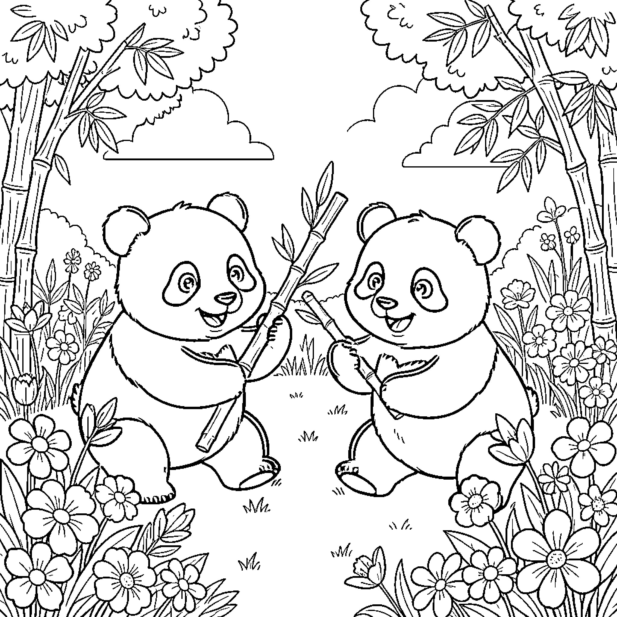Panda cubs playing in a floral paradise Coloring Page (free black-and-white line drawing printable PDF for all, from beginners to advanced learners, including children, teens, adults, and seniors)