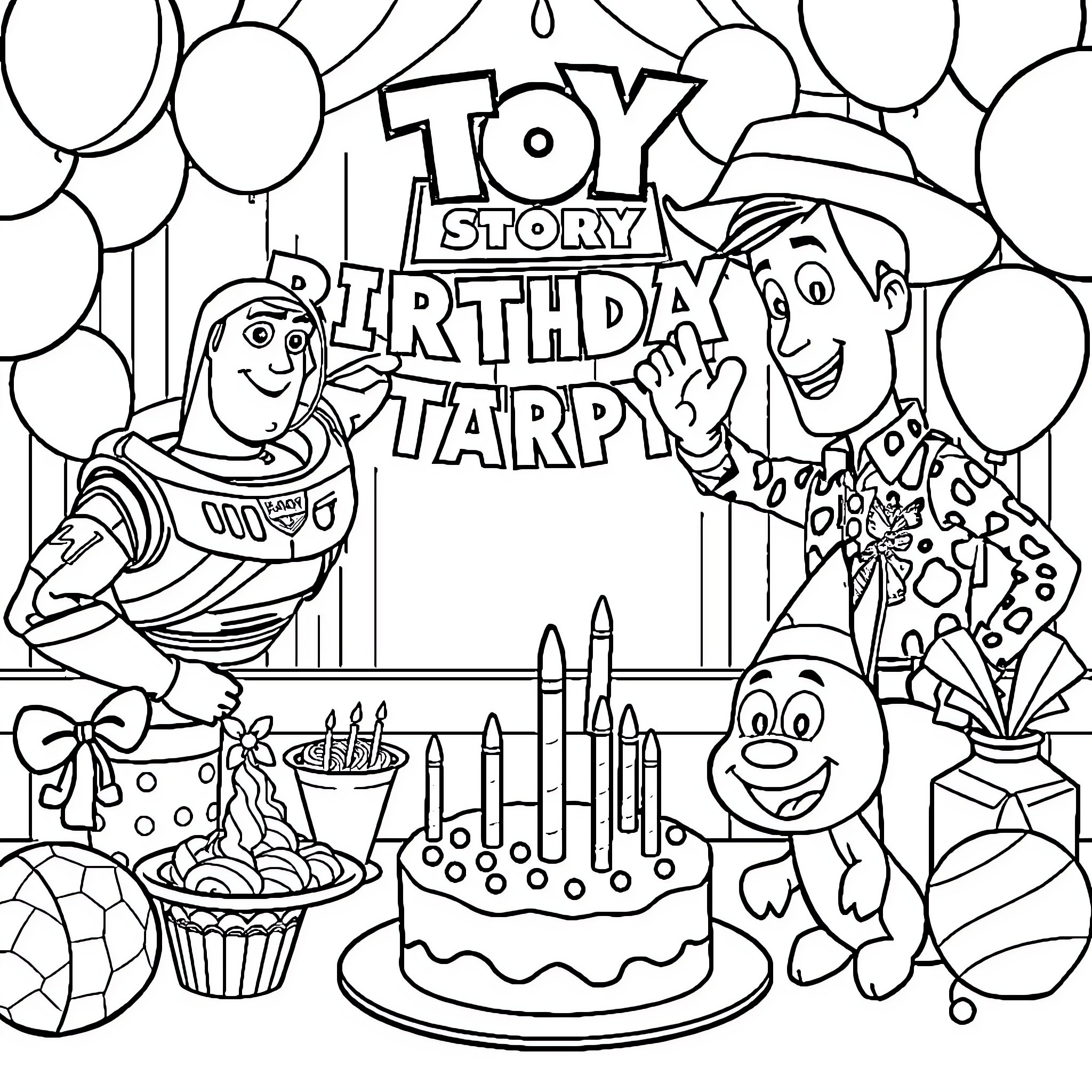 Toy Story Birthday Party with Characters Coloring Page (free black-and-white line drawing printable PDF for all, from beginners to advanced learners, including children, teens, adults, and seniors)
