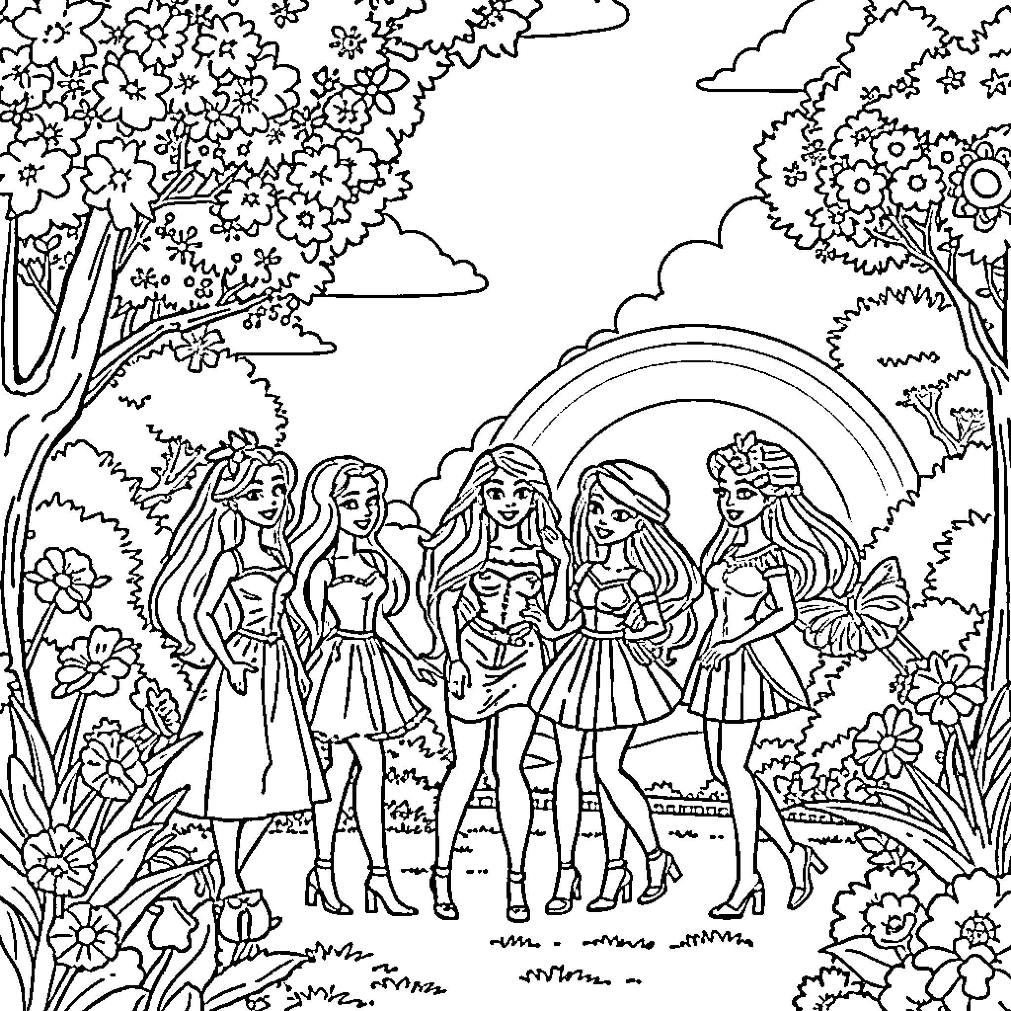 Barbie and her friends in a magical forest setting Coloring Page (free black-and-white line drawing printable PDF for all, from beginners to advanced learners, including children, teens, adults, and seniors)
