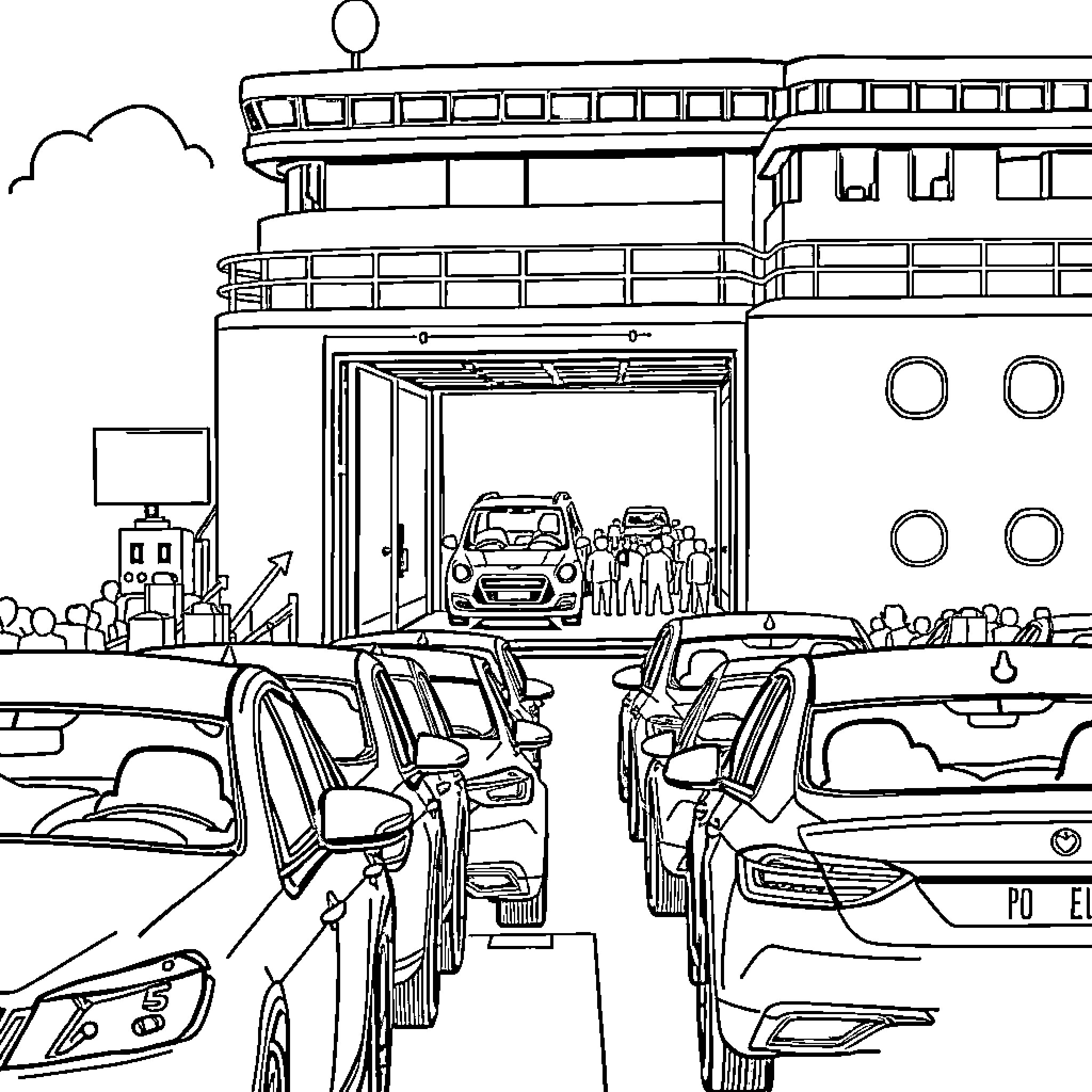 Cars entering ferry terminal for transportation Coloring Page (free black-and-white line drawing printable PDF for all, from beginners to advanced learners, including children, teens, adults, and seniors)