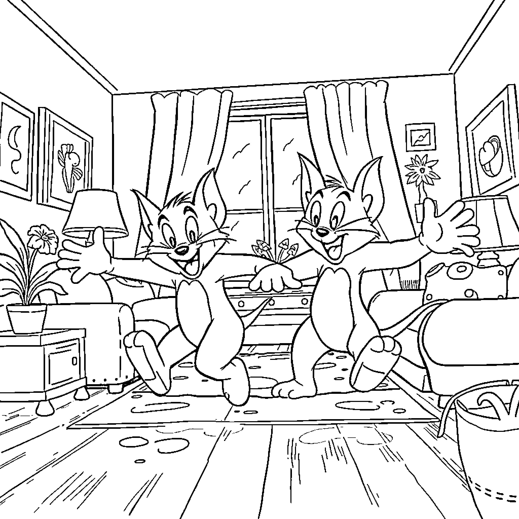 Tom and Jerry's Mischievous Antics in the Home Coloring Page (free black-and-white line drawing printable PDF for all, from beginners to advanced learners, including children, teens, adults, and seniors)