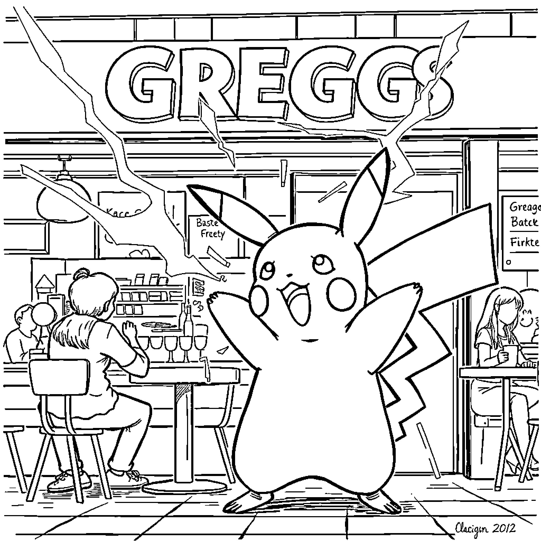 Pikachu inside a grocery store Coloring Page (free black-and-white line drawing printable PDF for all, from beginners to advanced learners, including children, teens, adults, and seniors)