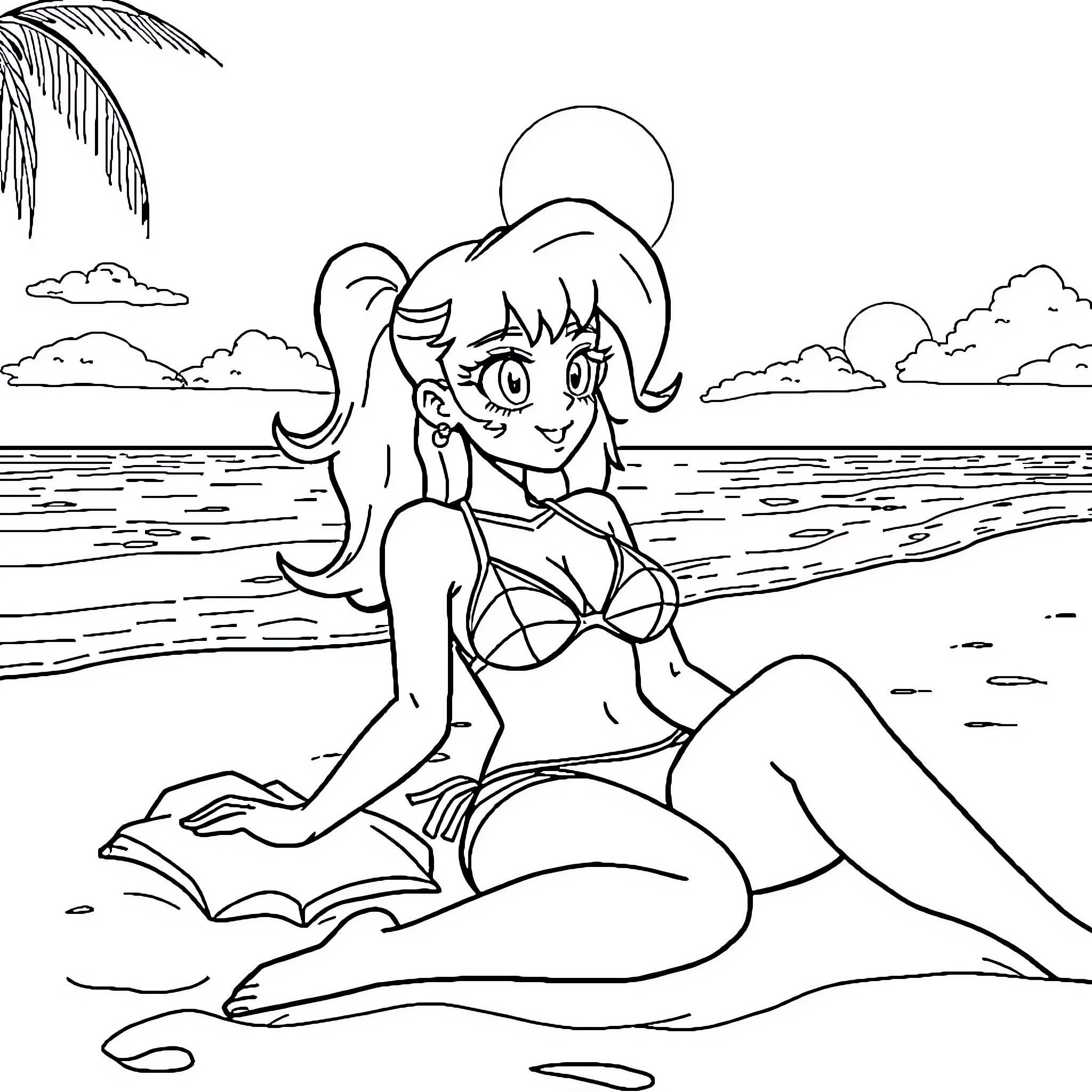 Bulma relaxing on the beach Coloring Page (free black-and-white line drawing printable PDF for all, from beginners to advanced learners, including children, teens, adults, and seniors)