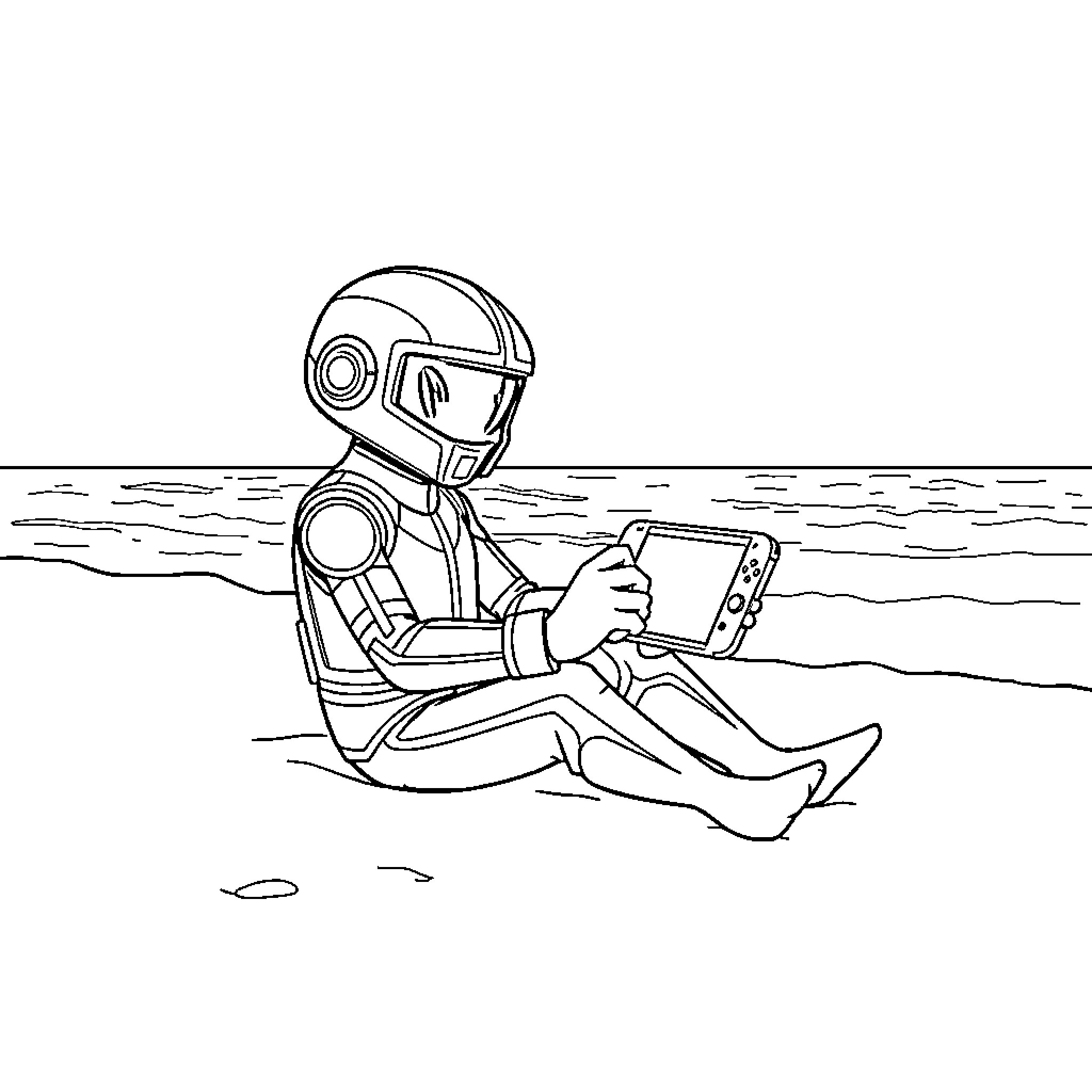 Tron character on the beach with electronic device Coloring Page (free black-and-white line drawing printable PDF for all, from beginners to advanced learners, including children, teens, adults, and seniors)
