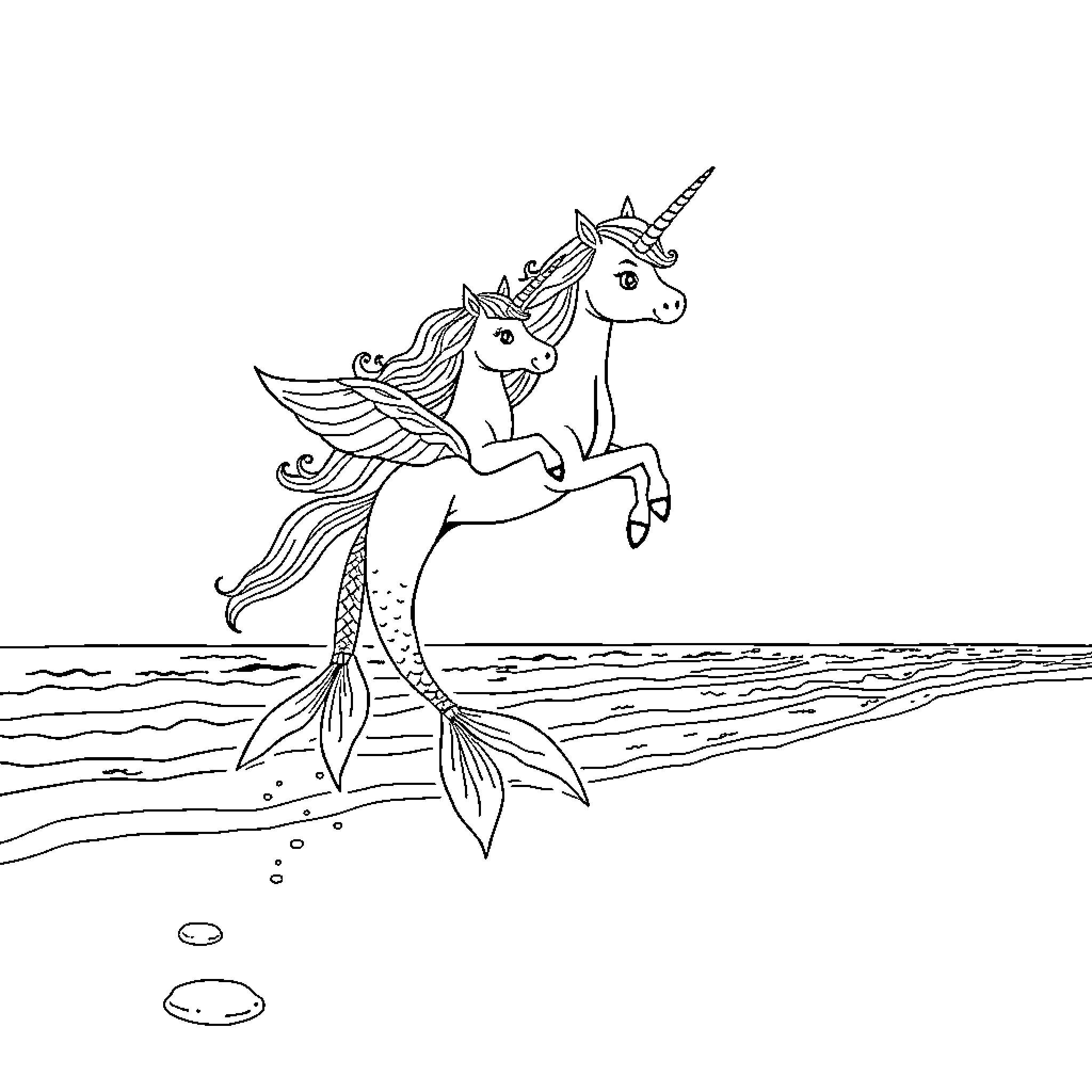 Unicorn Mermaids Frolicking in the Sea Coloring Page (free black-and-white line drawing printable PDF for all, from beginners to advanced learners, including children, teens, adults, and seniors)
