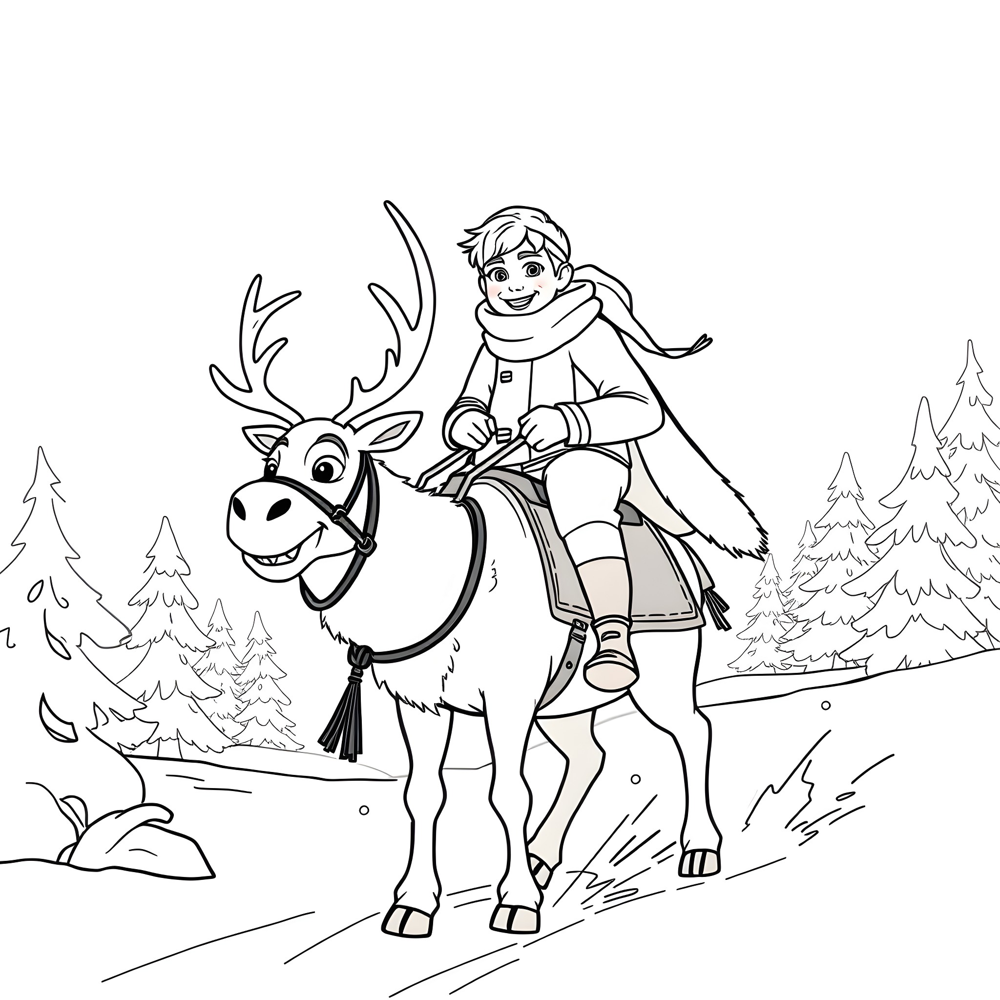 Kristoff riding a reindeer through a snowy forest Coloring Page (free black-and-white line drawing printable PDF for all, from beginners to advanced learners, including children, teens, adults, and seniors)