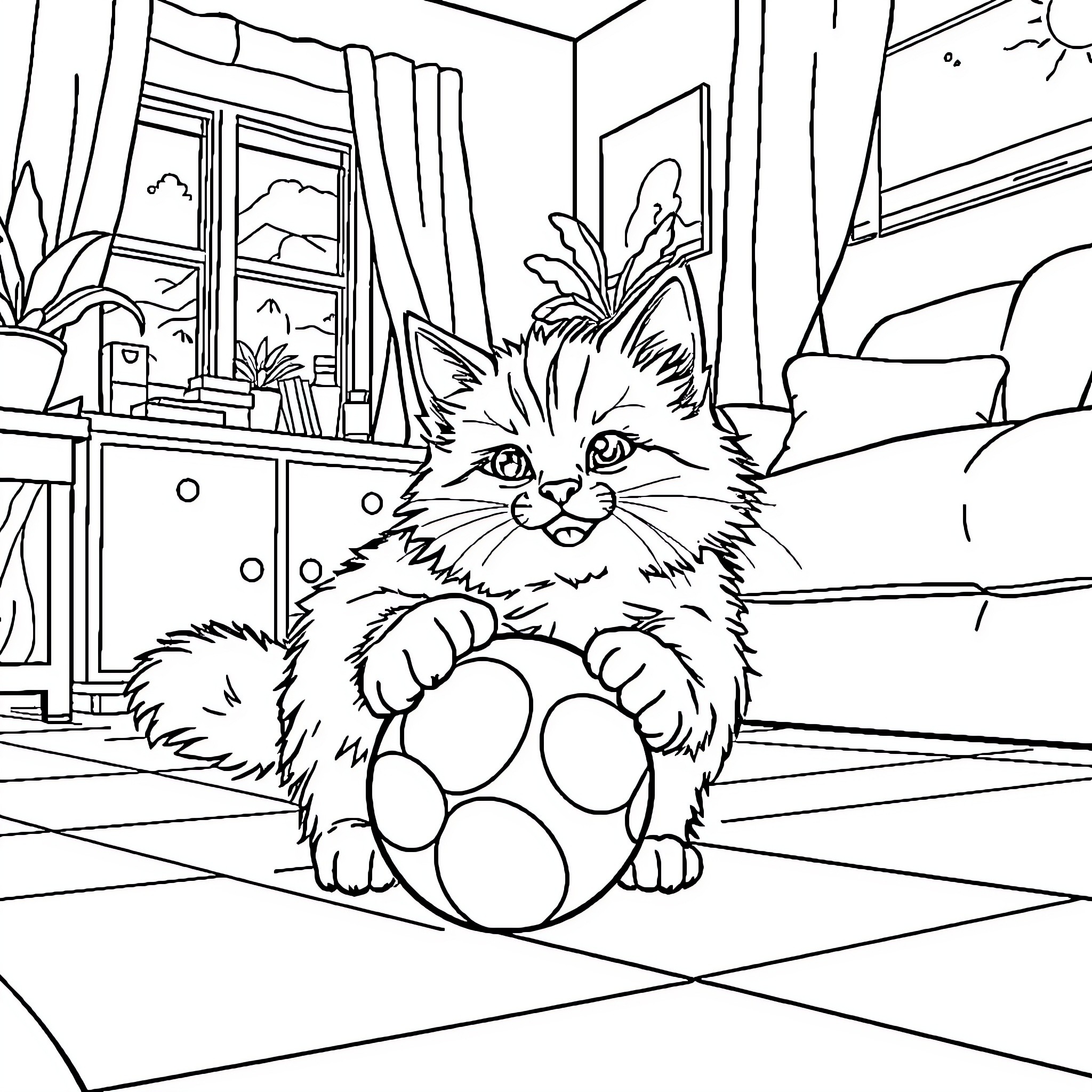 Cat resting peacefully in cozy room Coloring Page (free black-and-white line drawing printable PDF for all, from beginners to advanced learners, including children, teens, adults, and seniors)