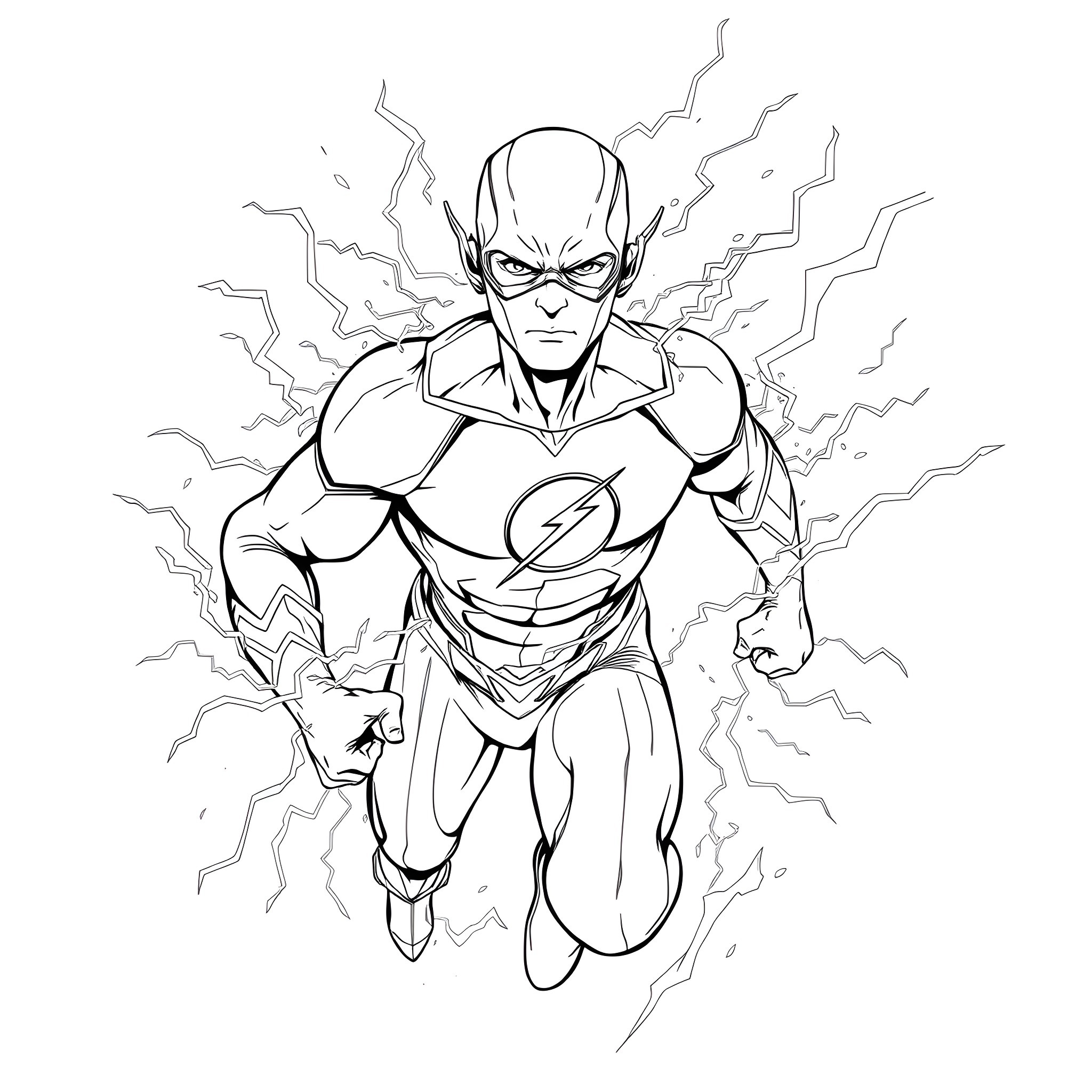 Flash hero strikes a powerful pose Coloring Page (free black-and-white line drawing printable PDF for all, from beginners to advanced learners, including children, teens, adults, and seniors)