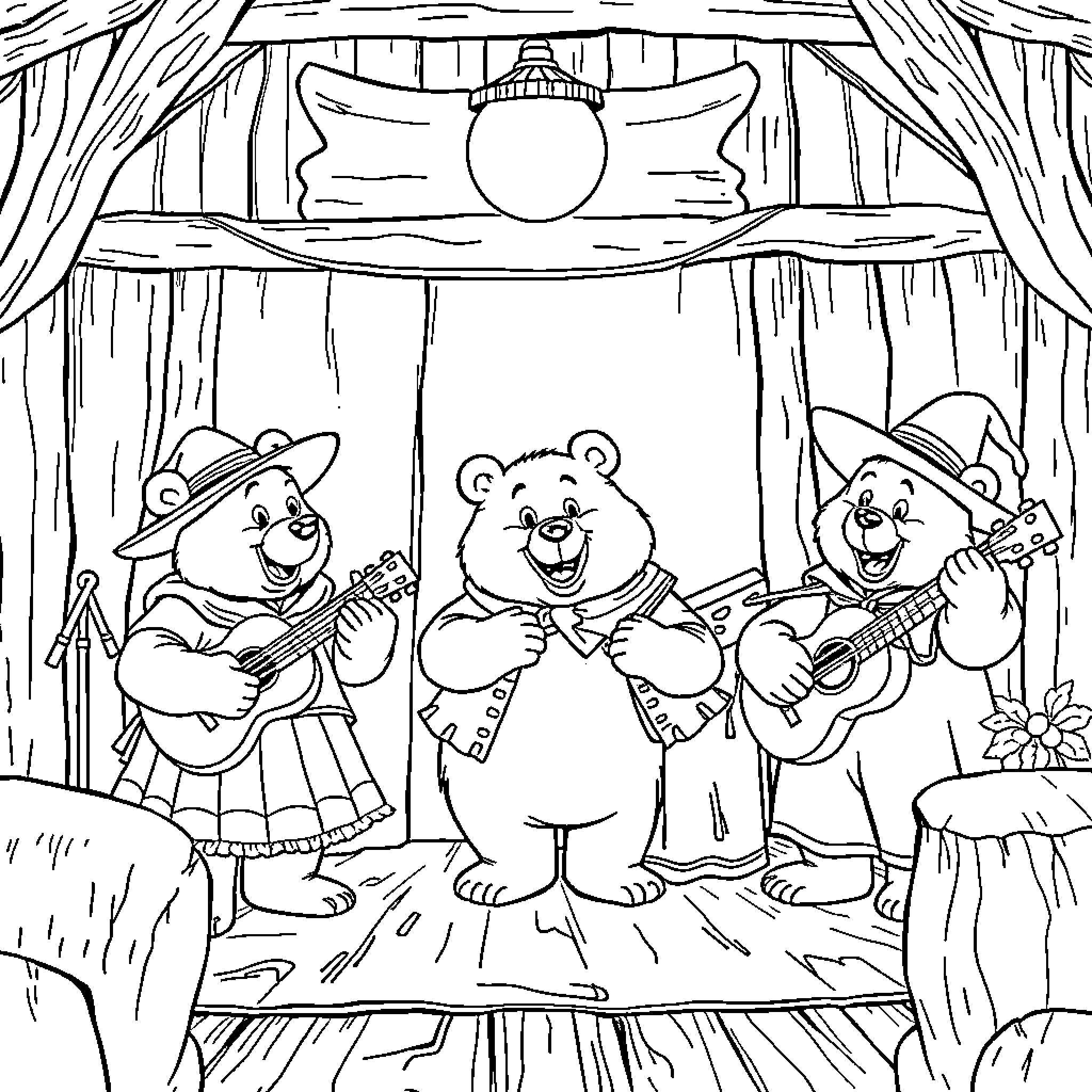 Bear Trio Performing on Wooden Stage Coloring Page (free black-and-white line drawing printable PDF for all, from beginners to advanced learners, including children, teens, adults, and seniors)