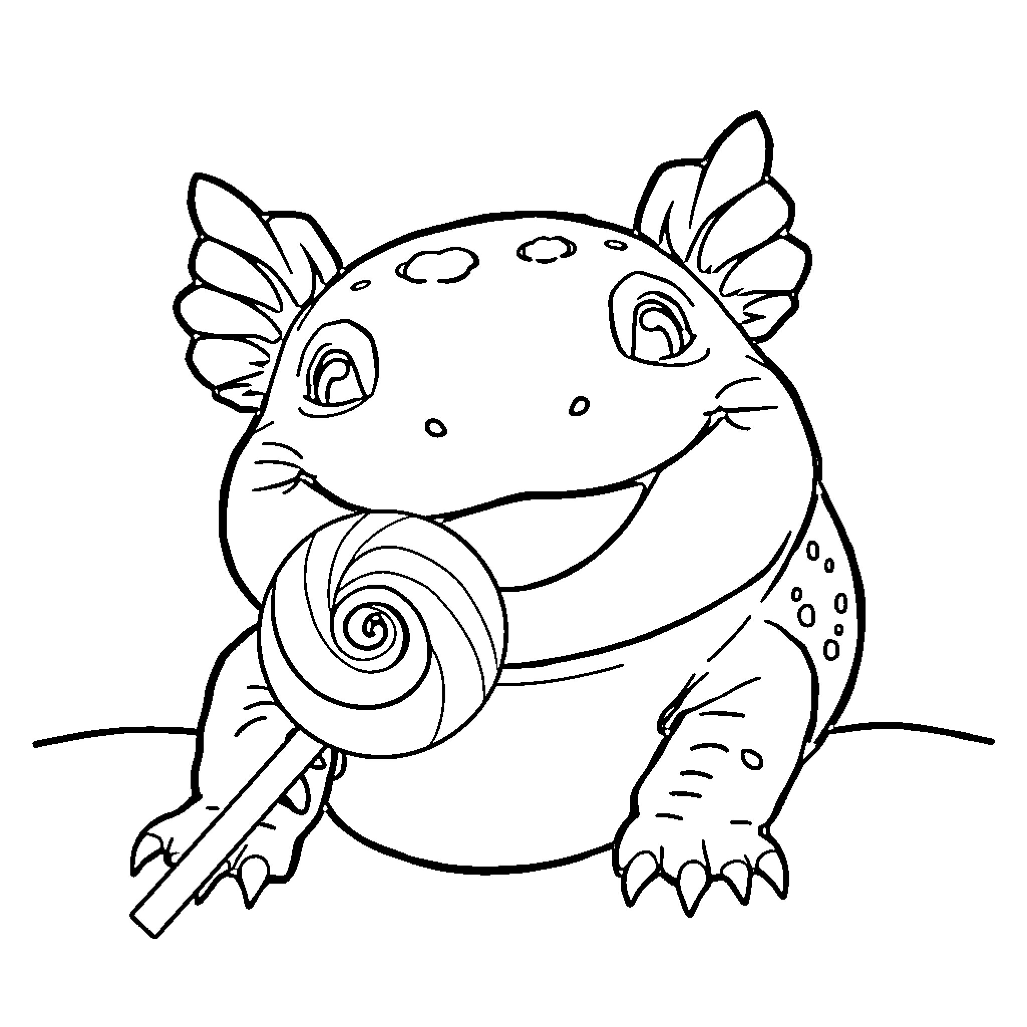 Axolotl playing with a swirly toy Coloring Page (free black-and-white line drawing printable PDF for all, from beginners to advanced learners, including children, teens, adults, and seniors)