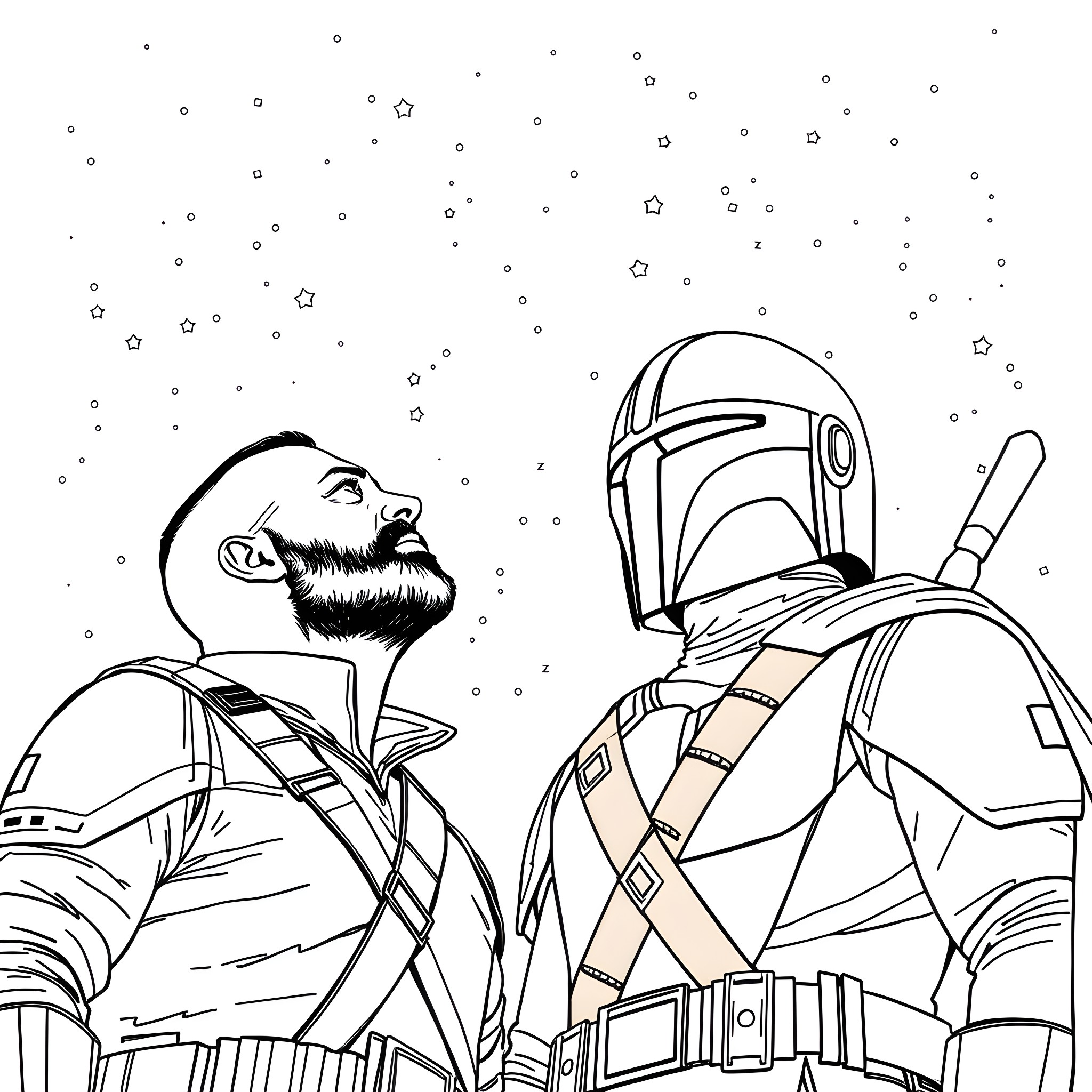 Jason Statham in space with a futuristic robot companion Coloring Page (free black-and-white line drawing printable PDF for all, from beginners to advanced learners, including children, teens, adults, and seniors)