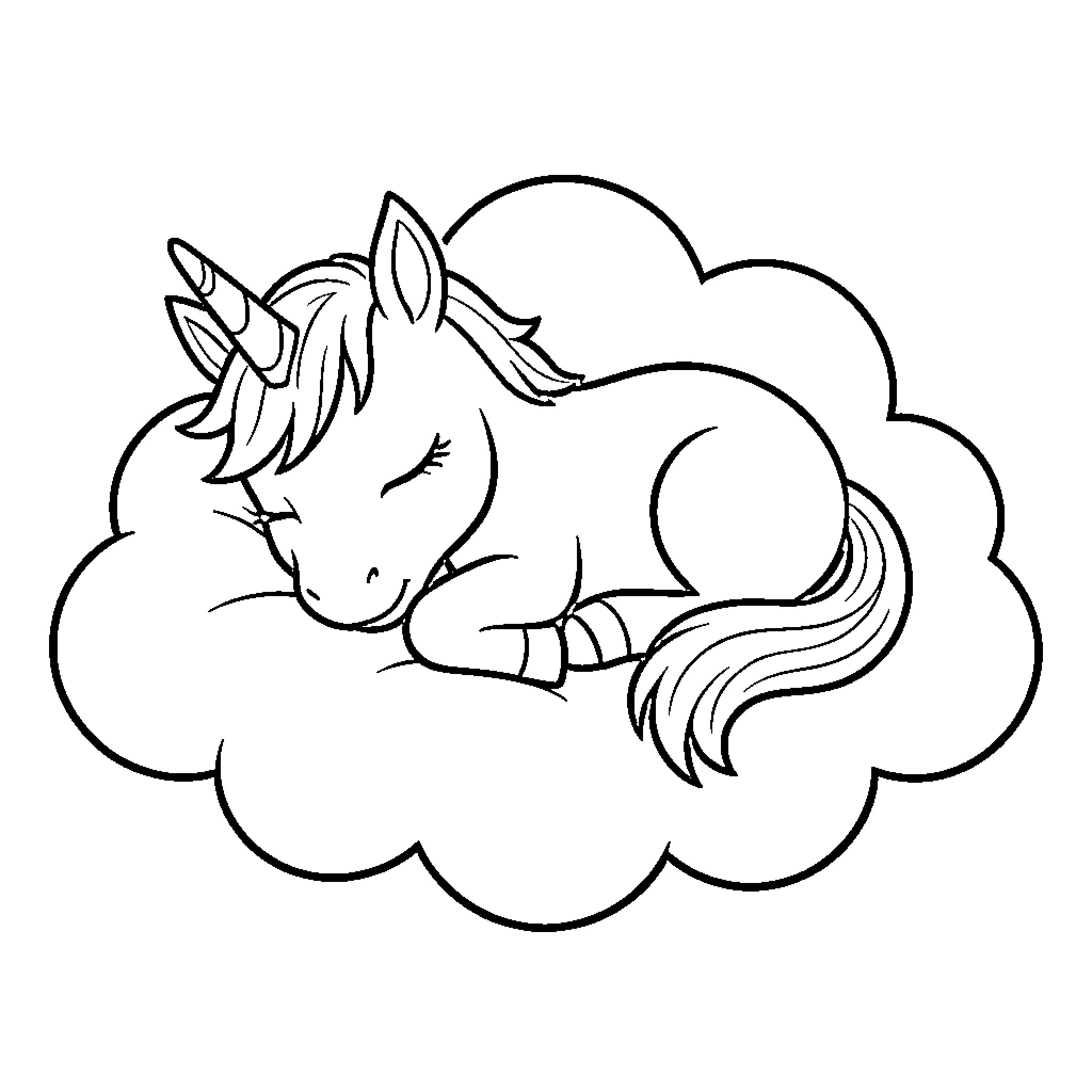 Unicorn resting peacefully on a cloud Coloring Page (free black-and-white line drawing printable PDF for all, from beginners to advanced learners, including children, teens, adults, and seniors)