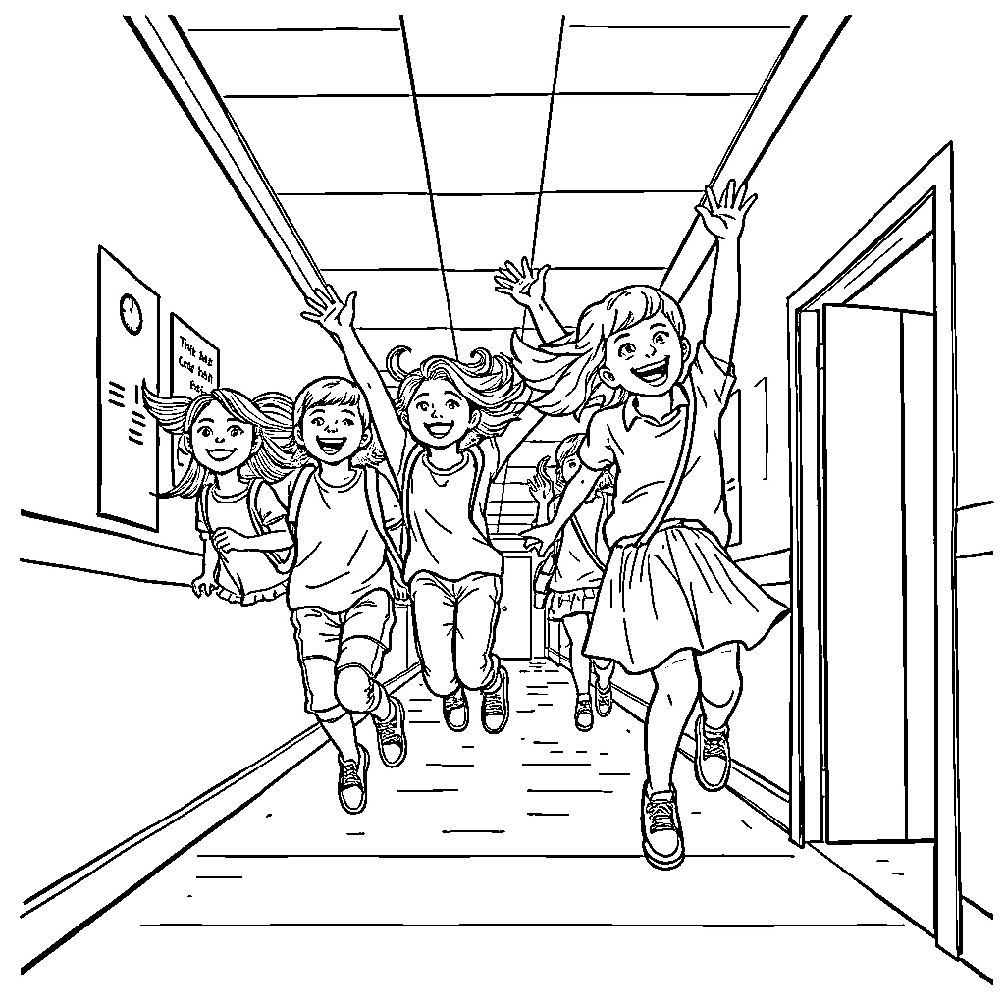 School Children Happily Running in the Hallway Coloring Page (free black-and-white line drawing printable PDF for all, from beginners to advanced learners, including children, teens, adults, and seniors)