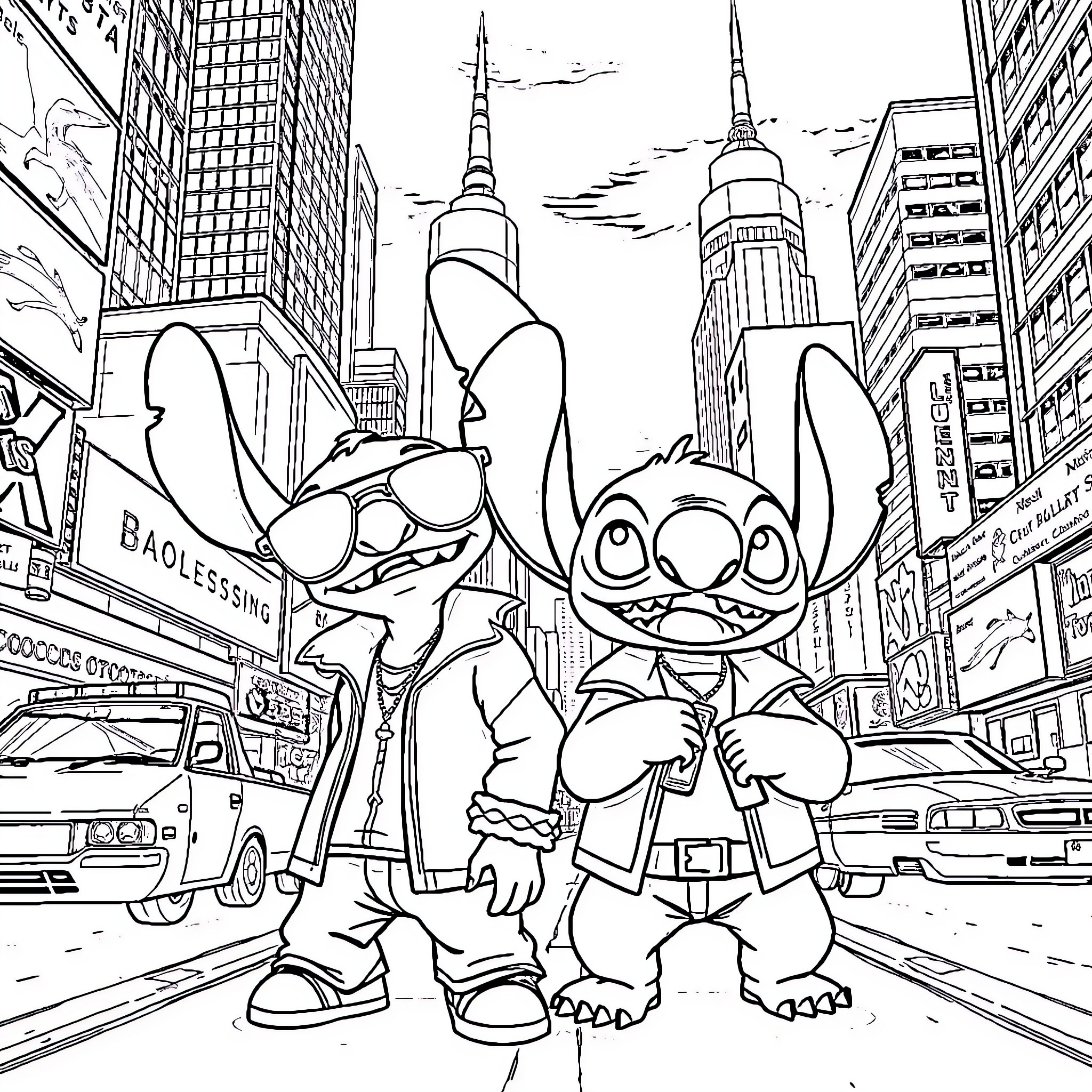 Lilo's Adventure in the City Coloring Page (free black-and-white line drawing printable PDF for all, from beginners to advanced learners, including children, teens, adults, and seniors)