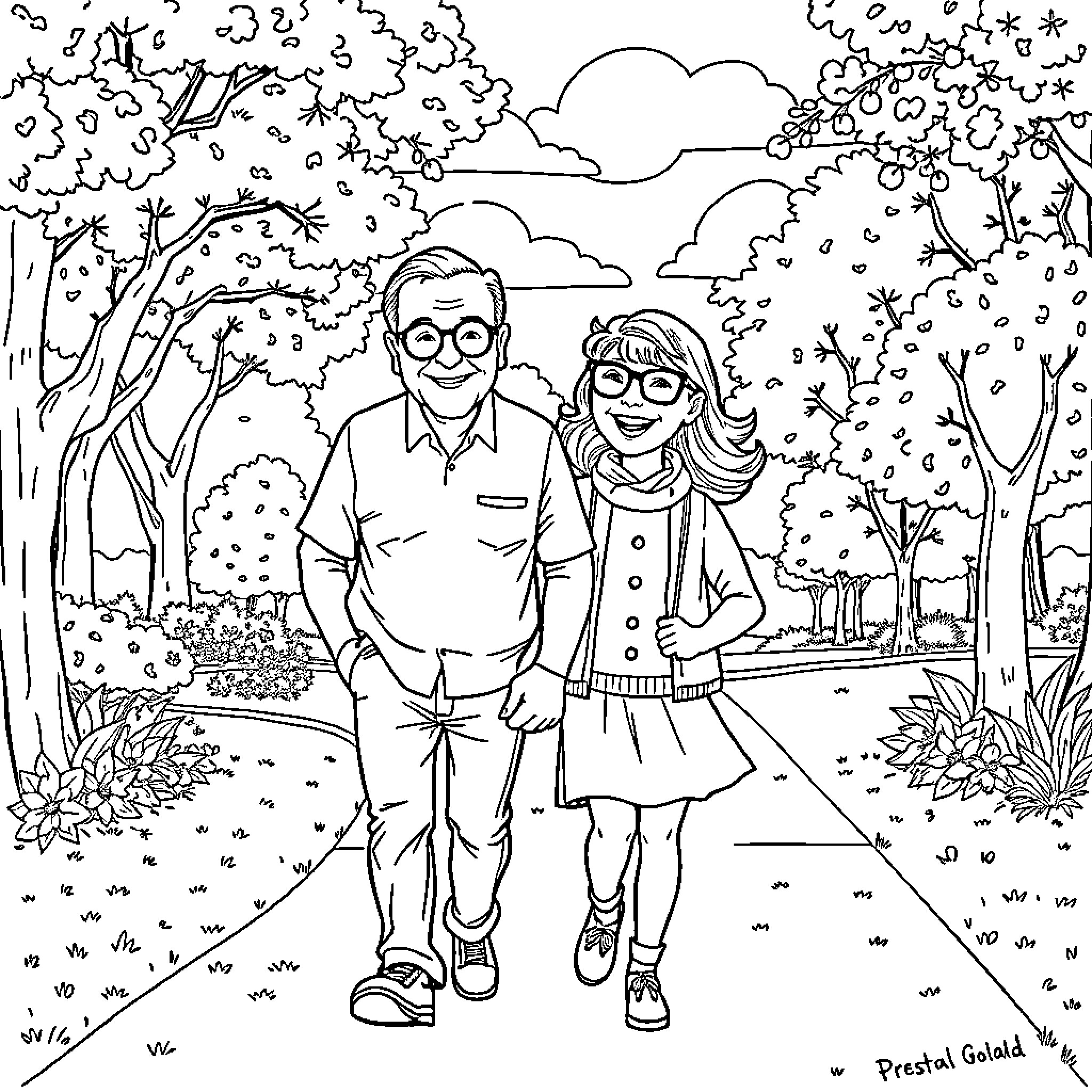 Grandfather and granddaughter strolling in the park Coloring Page (free black-and-white line drawing printable PDF for all, from beginners to advanced learners, including children, teens, adults, and seniors)
