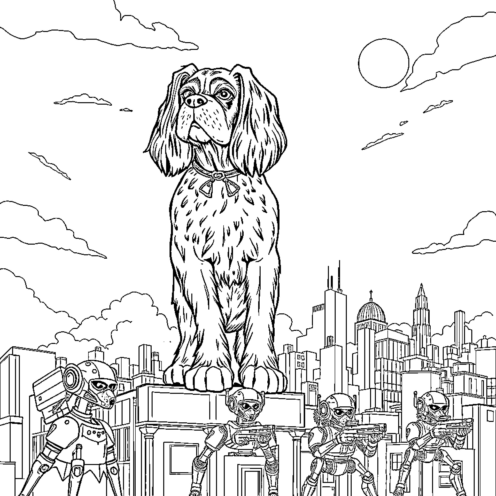 King Cavalier Reigns over Futuristic City Coloring Page (free black-and-white line drawing printable PDF for all, from beginners to advanced learners, including children, teens, adults, and seniors)